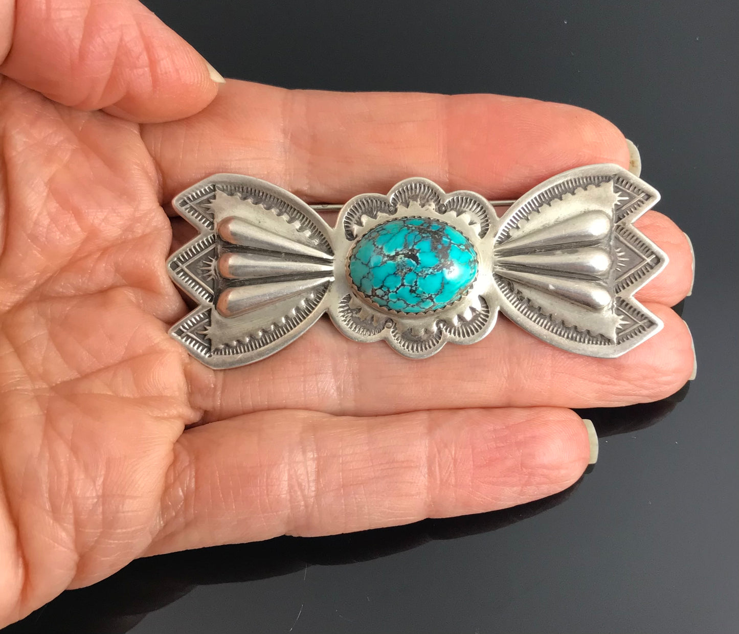 Large Turquoise Concho Bow Tie Pin Native American Navajo - Edison Sandy Smith