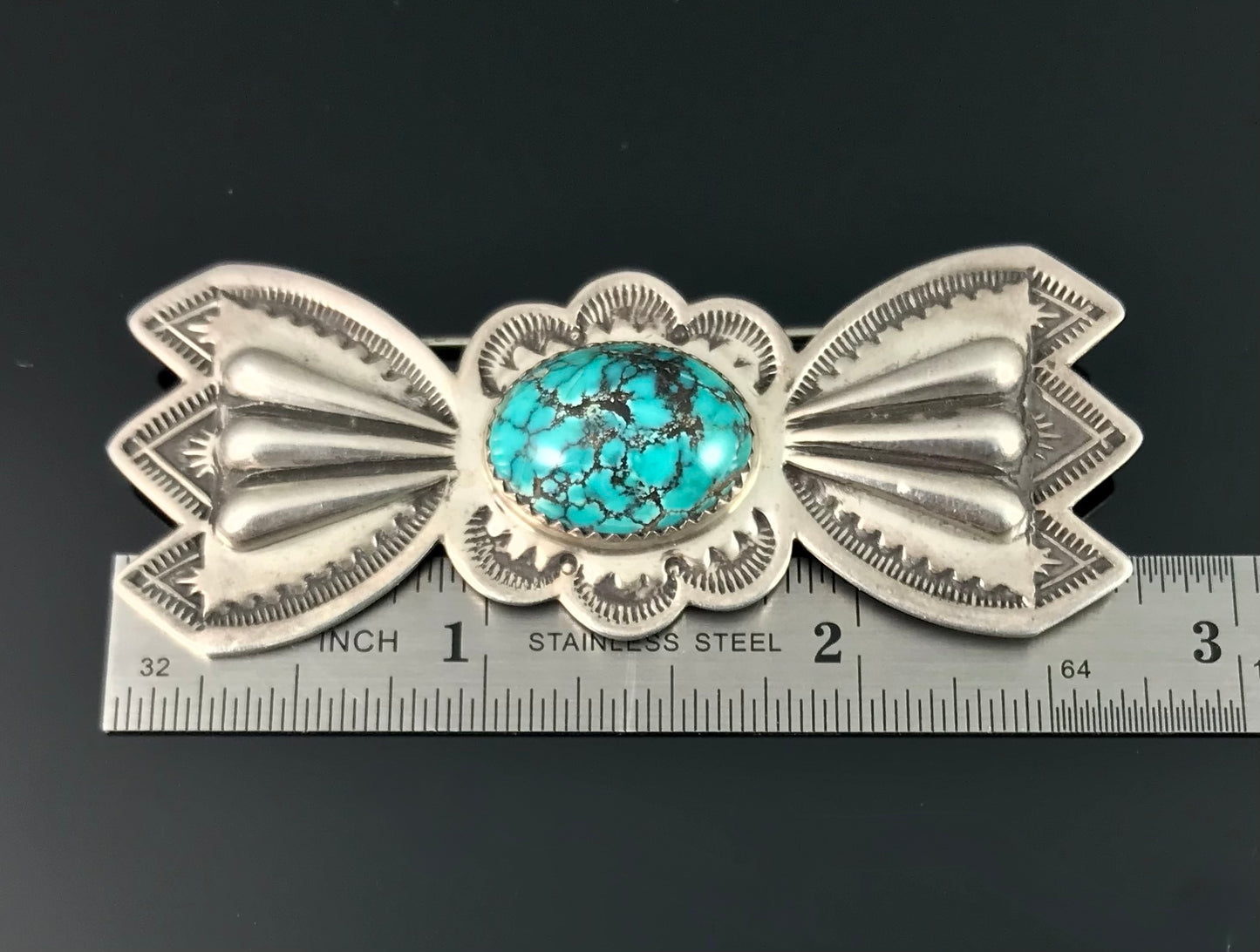 Large Turquoise Concho Bow Tie Pin Native American Navajo - Edison Sandy Smith