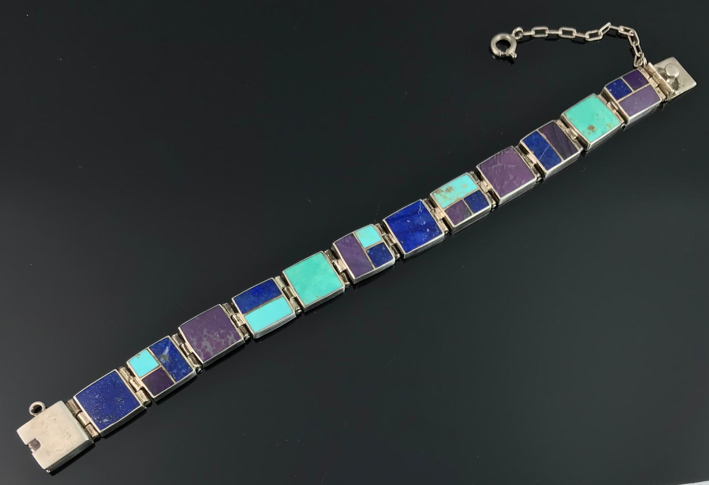 Inlay Link Bracelet Turquoise, Lapis, Sugilite - Mexican Vintage