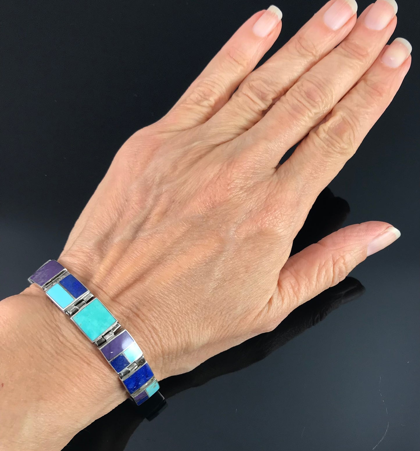 Inlay Link Bracelet Turquoise, Lapis, Sugilite - Mexican Vintage