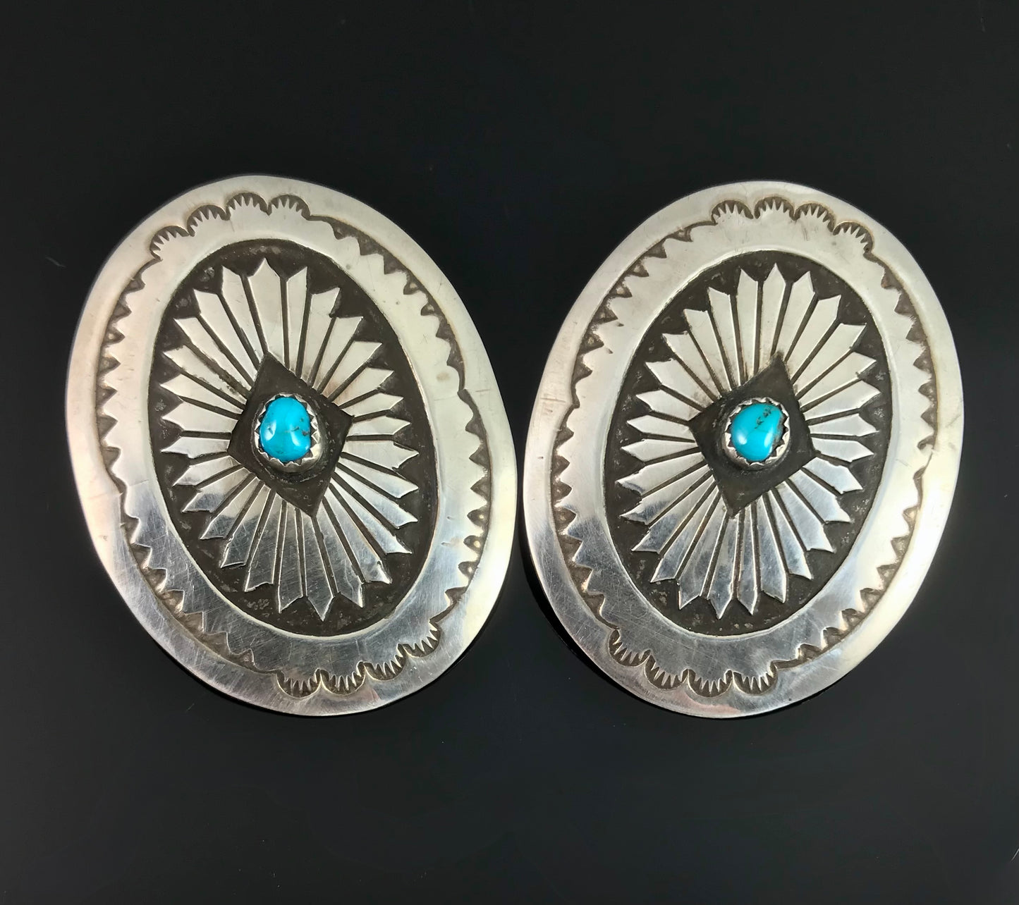 X-Large Turquoise Navajo Stamped Concho Earrings Native American - Vintage
