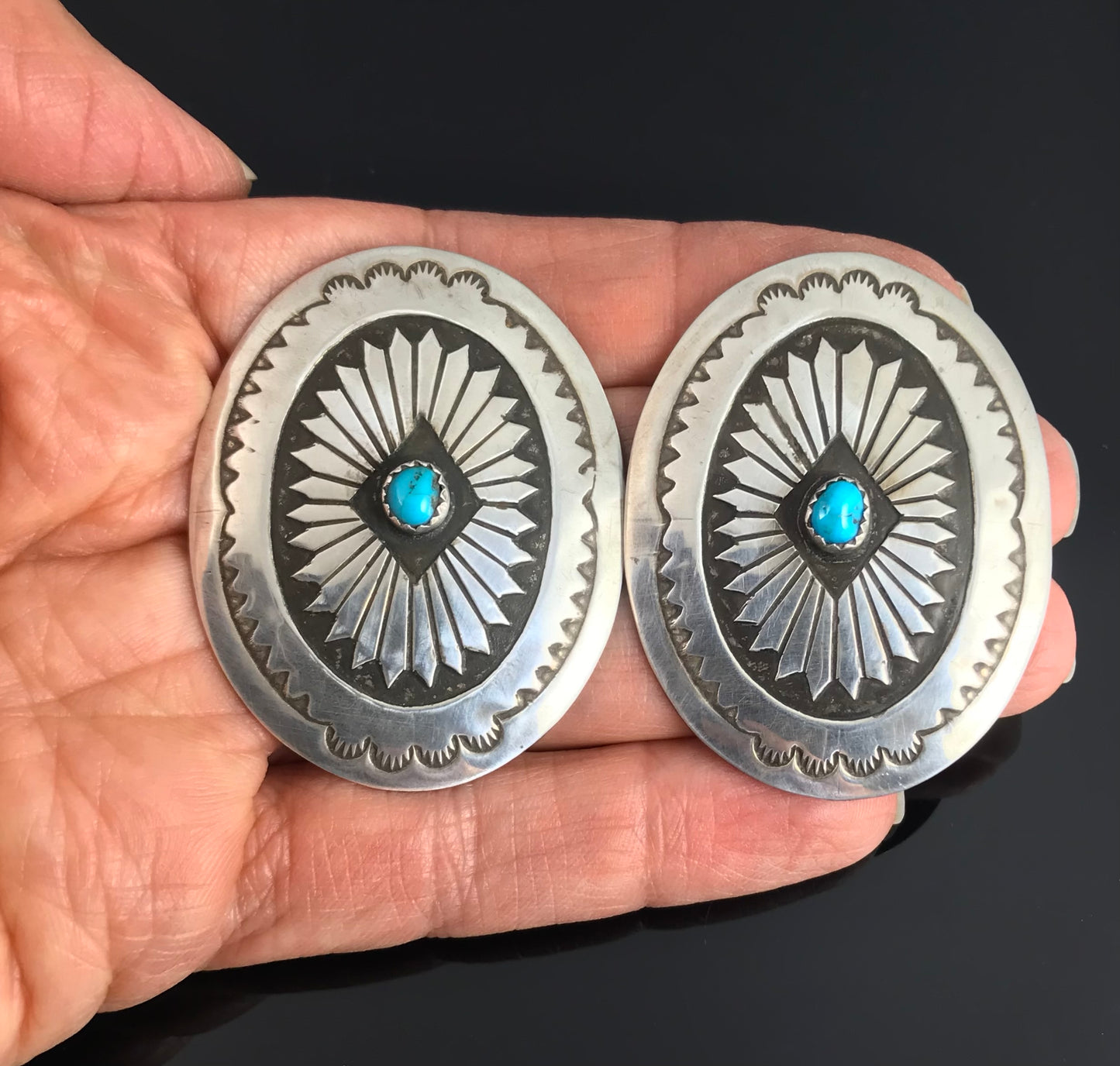 X-Large Turquoise Navajo Stamped Concho Earrings Native American - Vintage