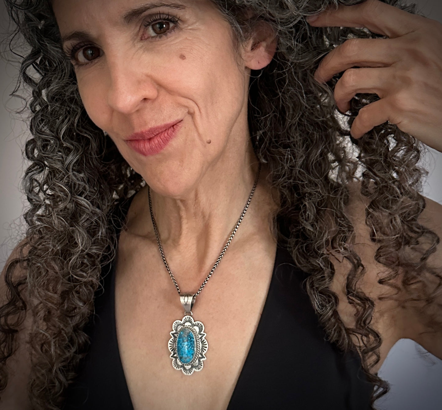 Bird's Eye Kingman Turquoise Navajo Necklace Pendant Native American - Mary Ann Spencer