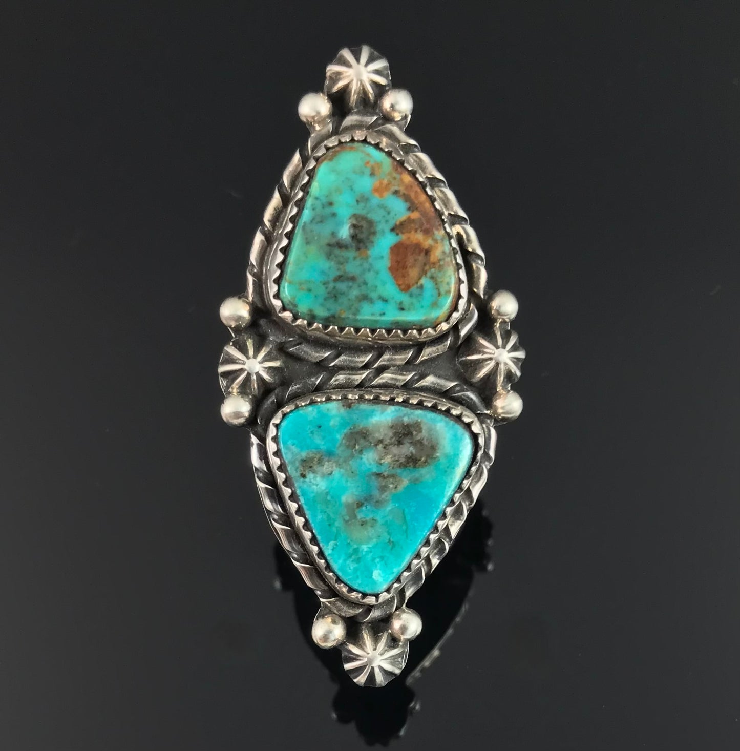 Double Turquoise Navajo Ring Size 8 Native American - Rosella Paxton