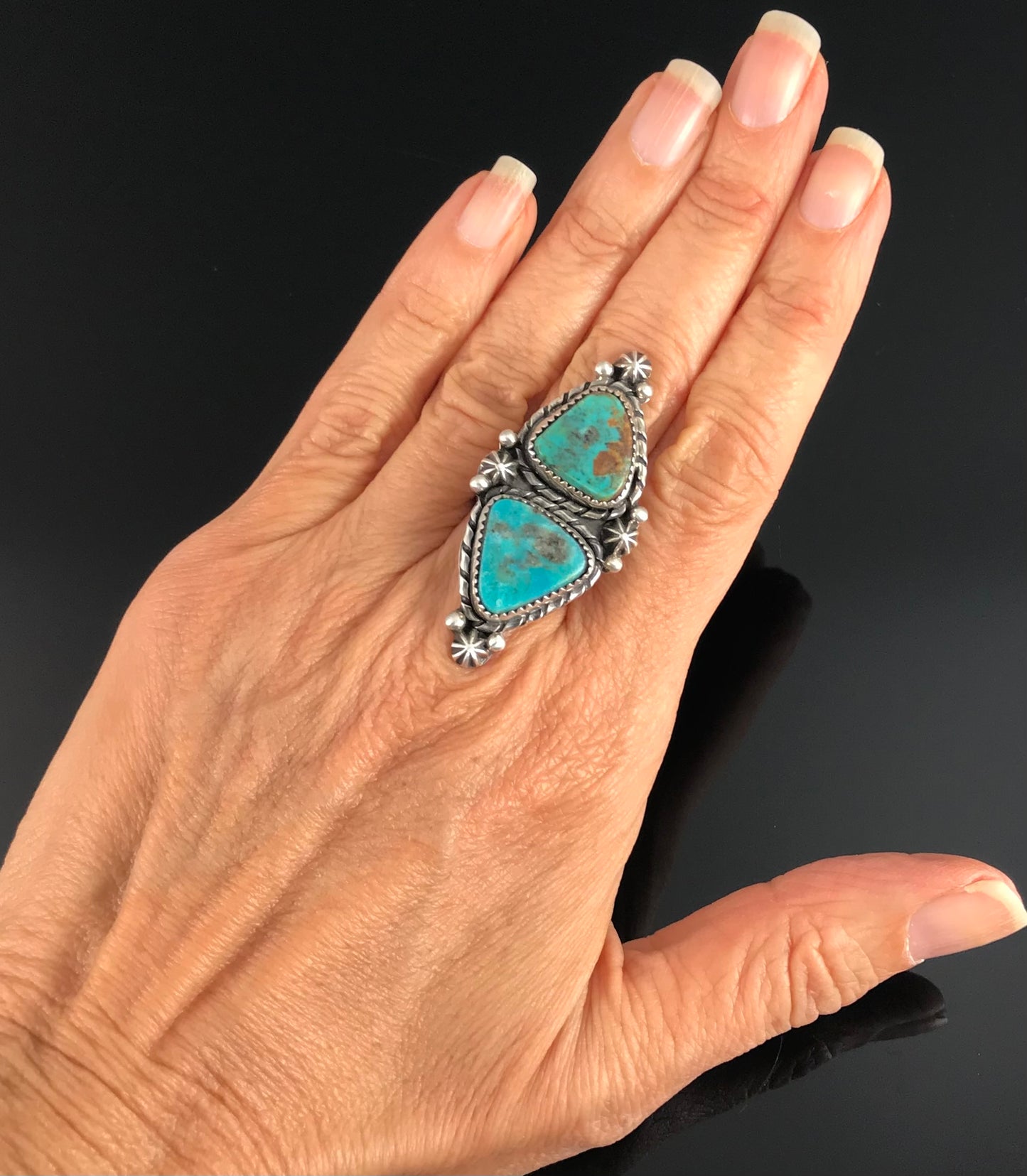 Double Turquoise Navajo Ring Size 8 Native American - Rosella Paxton
