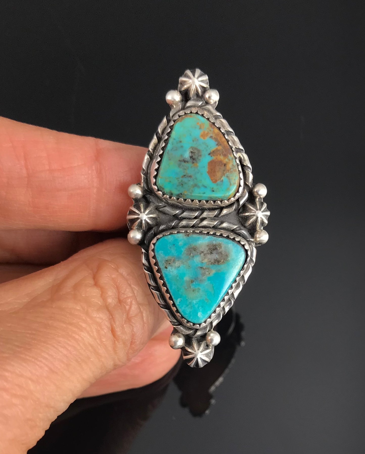 Double Turquoise Navajo Ring Size 8 Native American - Rosella Paxton