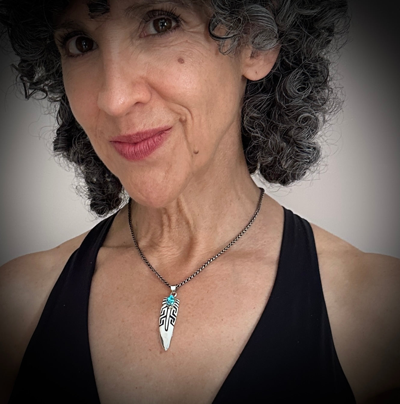 Spider Web Kingman Turquoise Feather Overlay Pendant Navajo Native American - Shirley Henry