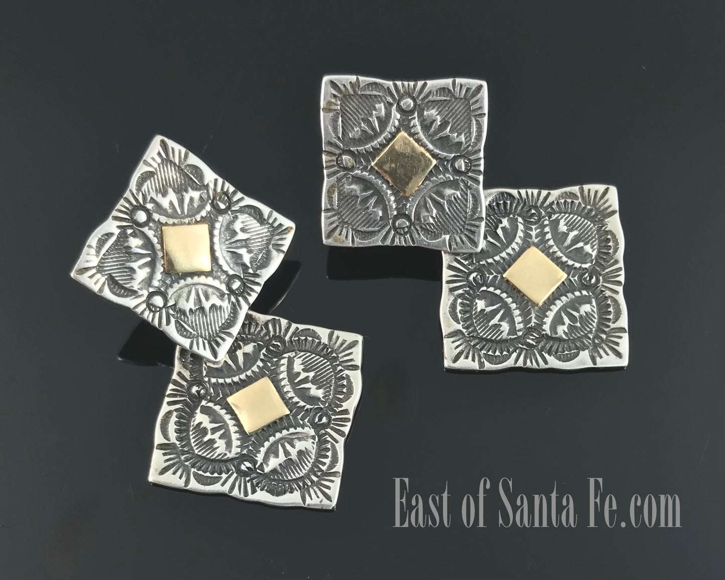 Stamped Concho Earrings Sterling Silver and Gold - Vintage