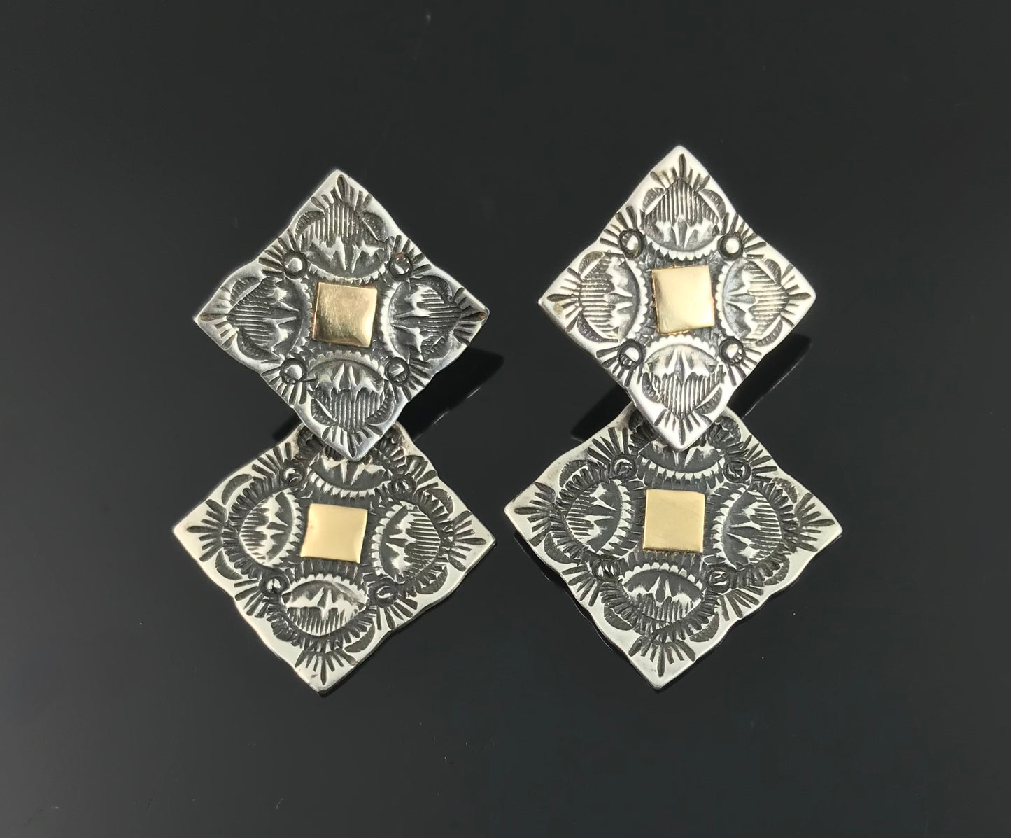 Stamped Concho Earrings Sterling Silver and Gold - Vintage