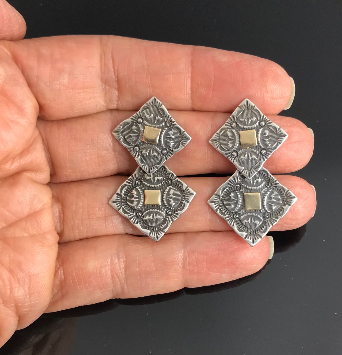 Stamped Concho Earrings Sterling Silver and Gold - Vintage