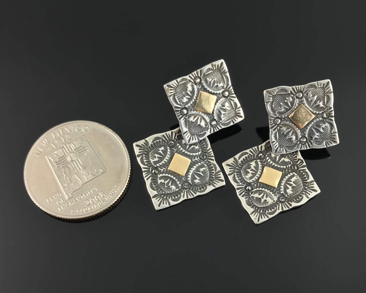 Stamped Concho Earrings Sterling Silver and Gold - Vintage