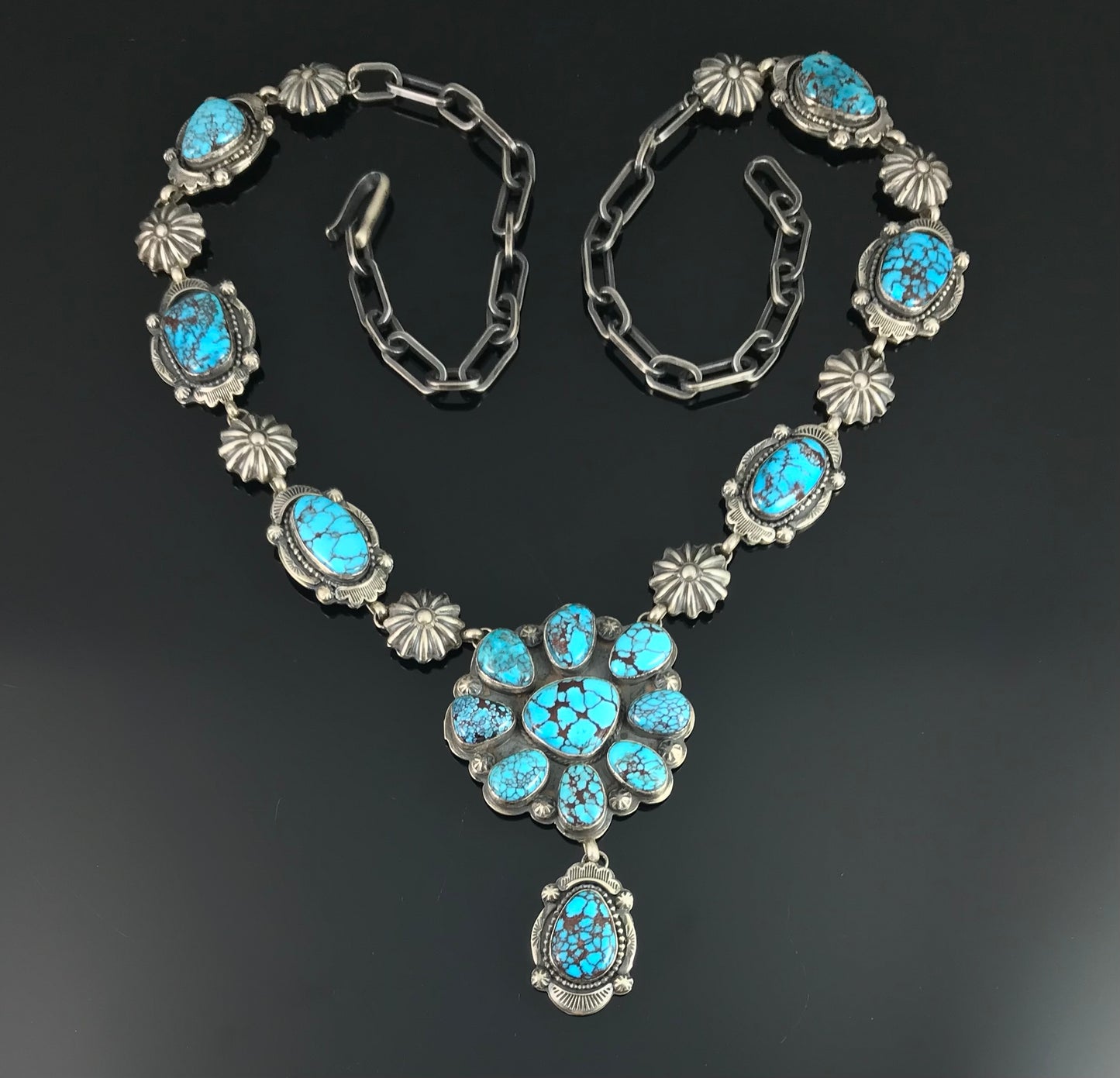 Egyptian Prince Mine Turquoise Cluster Lariat Squash Blossom Necklace - Harley Reed