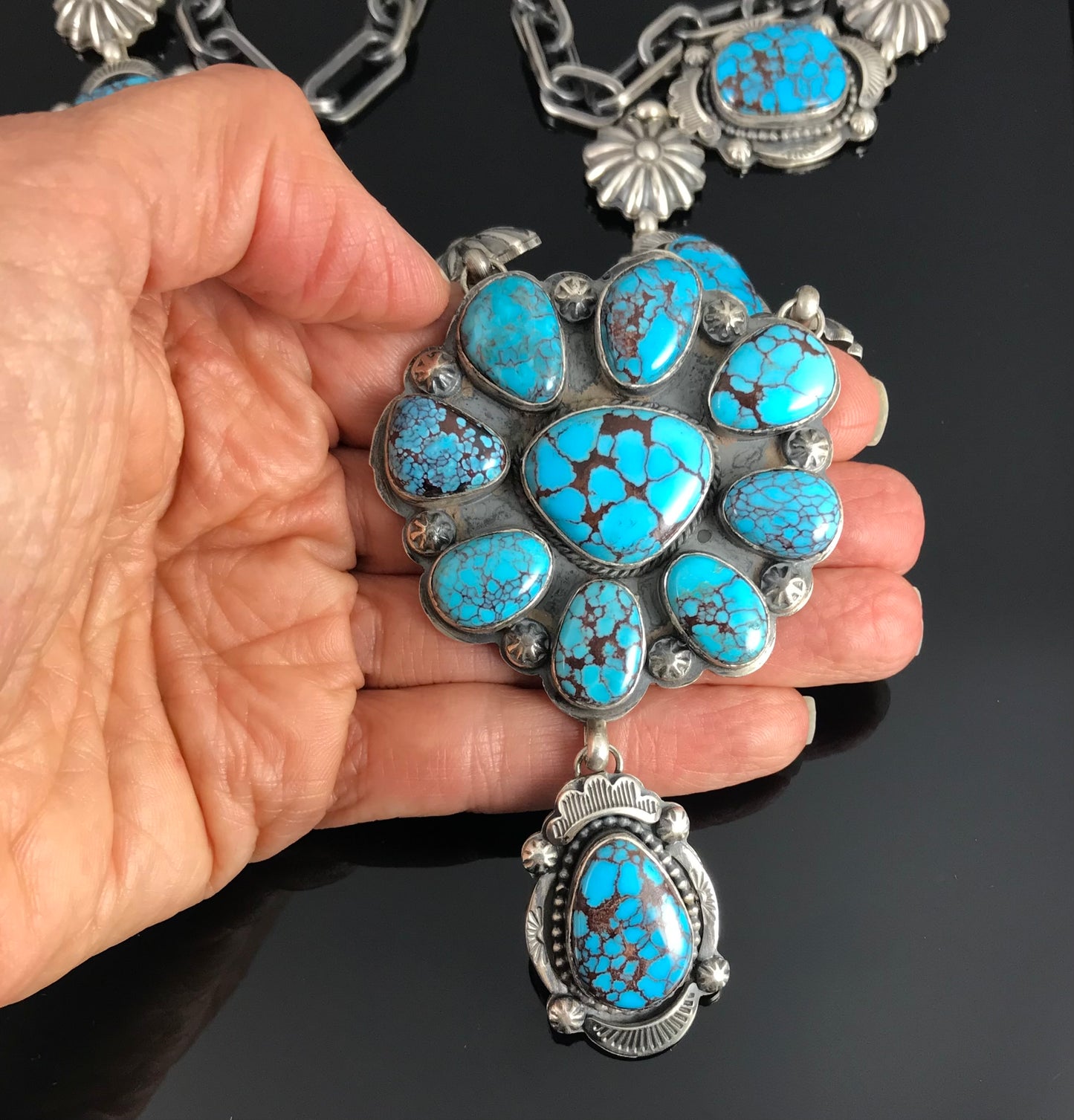 Egyptian Prince Mine Turquoise Cluster Lariat Squash Blossom Necklace - Harley Reed
