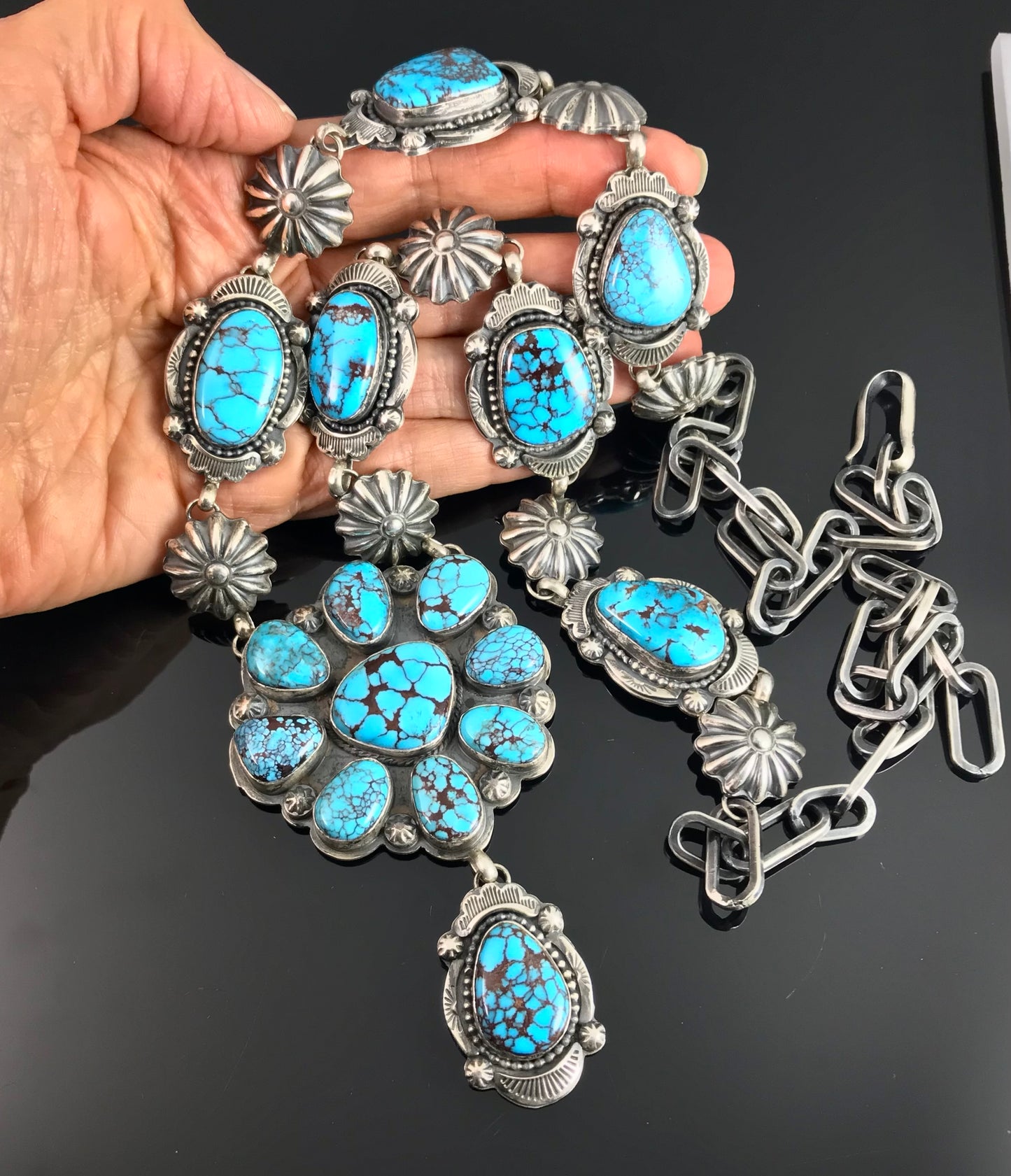 Egyptian Prince Mine Turquoise Cluster Lariat Squash Blossom Necklace - Harley Reed