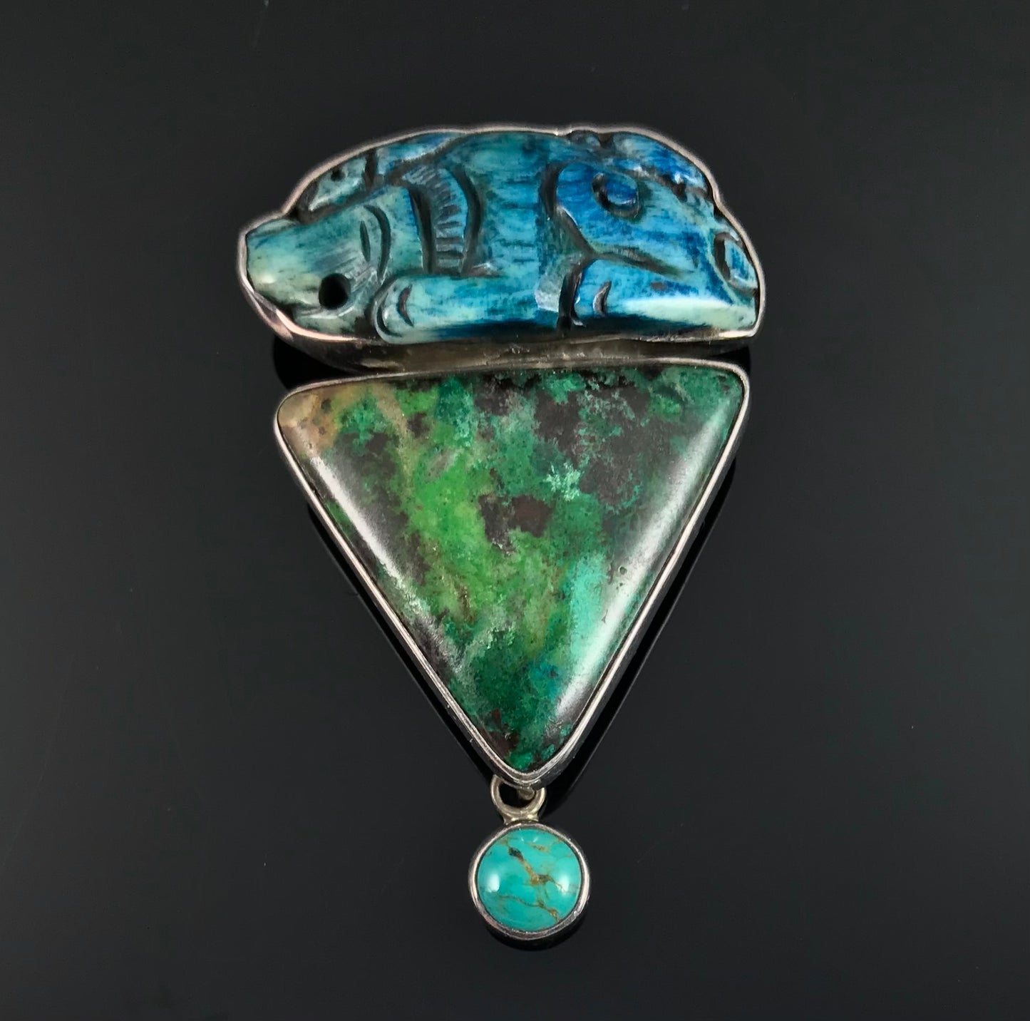 Amy Kahn Russel Carved Bone, Parrot-wing Chrysocolla, and Turquoise Pin Pendant