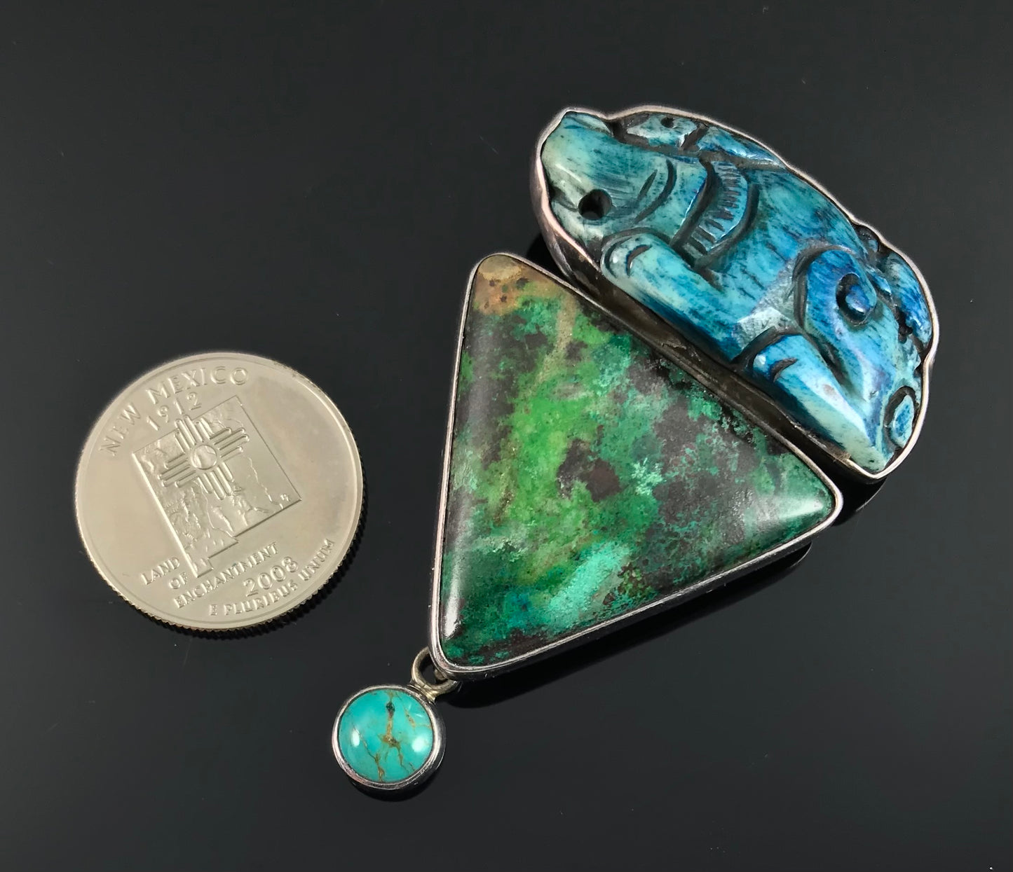 Amy Kahn Russel Carved Bone, Parrot-wing Chrysocolla, and Turquoise Pin Pendant