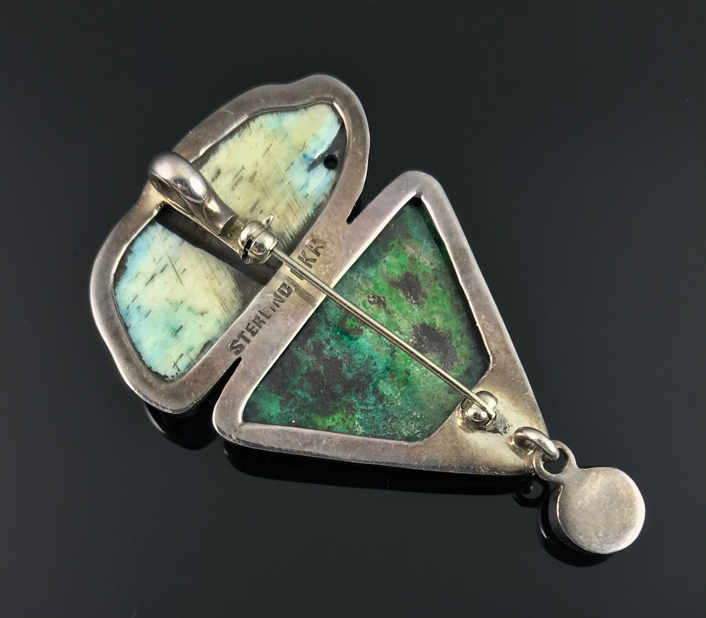 Amy Kahn Russel Carved Bone, Parrot-wing Chrysocolla, and Turquoise Pin Pendant