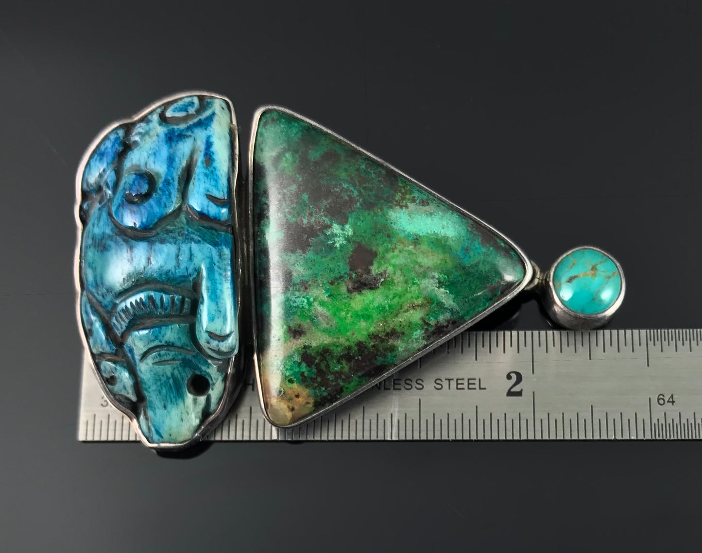 Amy Kahn Russel Carved Bone, Parrot-wing Chrysocolla, and Turquoise Pin Pendant