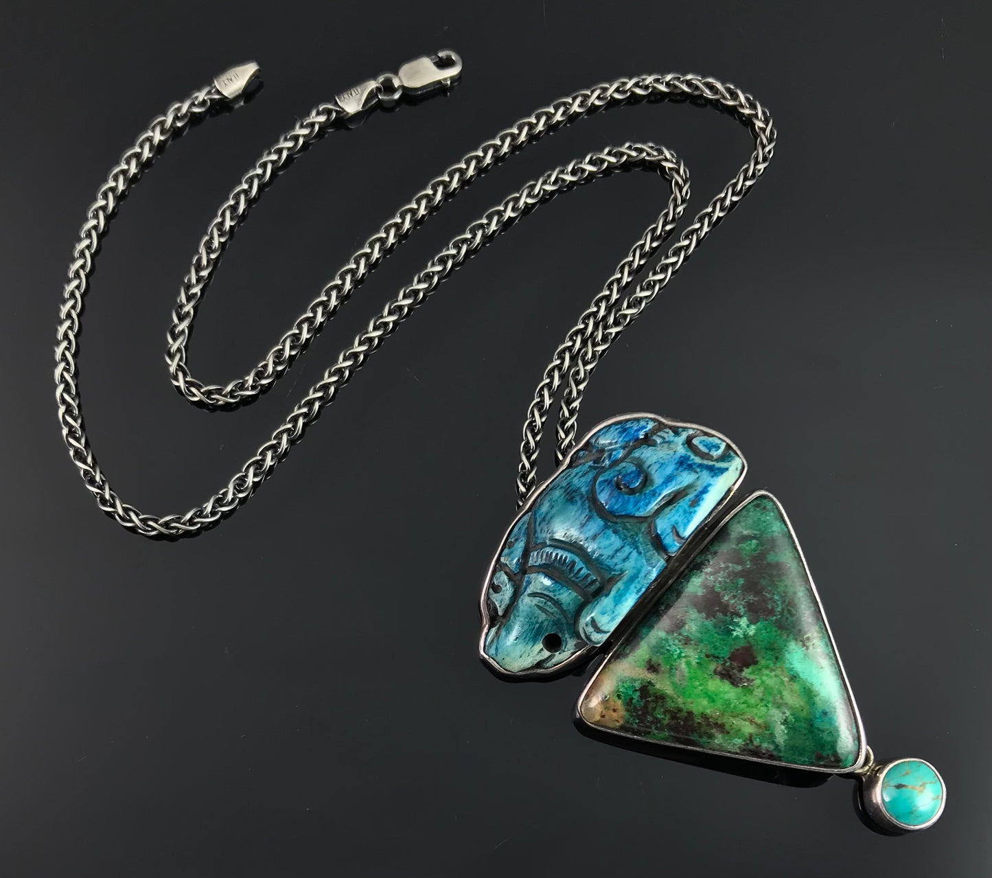 Amy Kahn Russel Carved Bone, Parrot-wing Chrysocolla, and Turquoise Pin Pendant