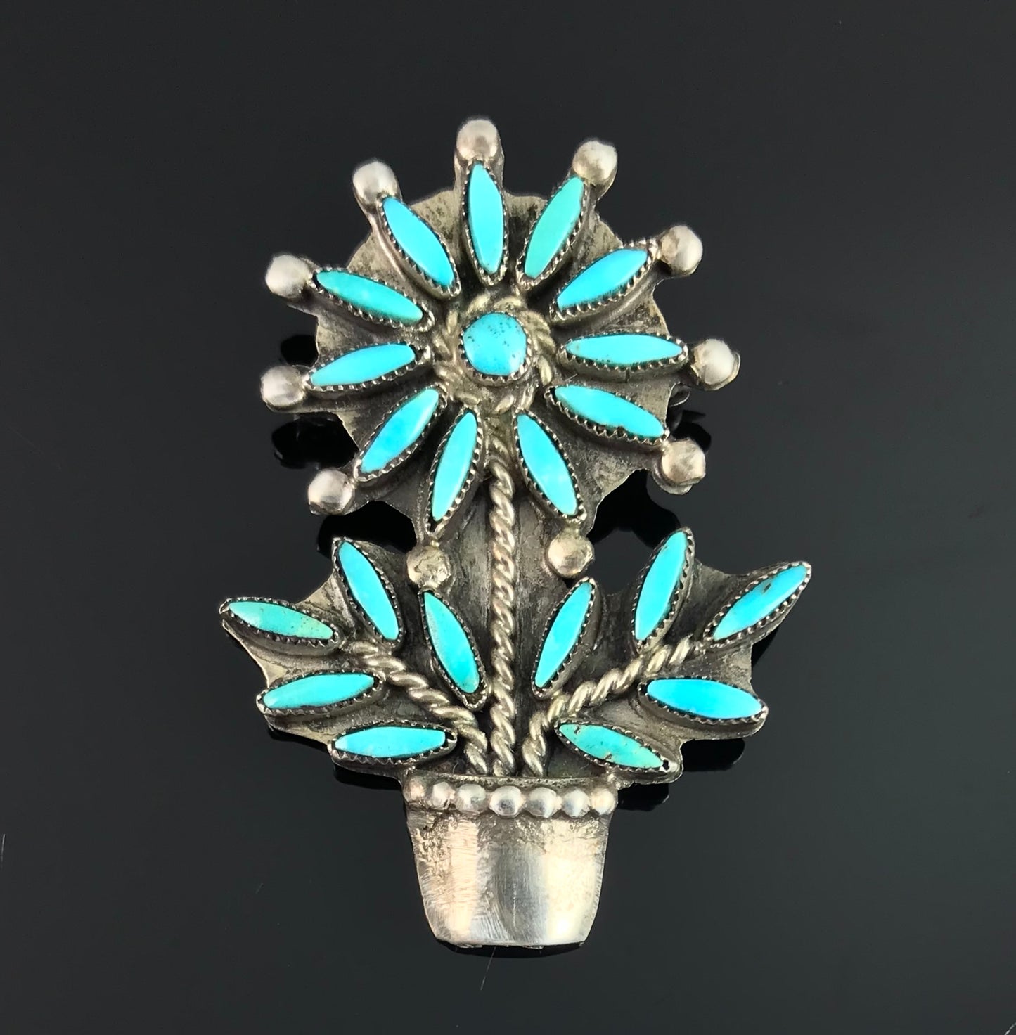 Zuni Turquoise Needlepoint Flower Pot Pin - Native American Vintage