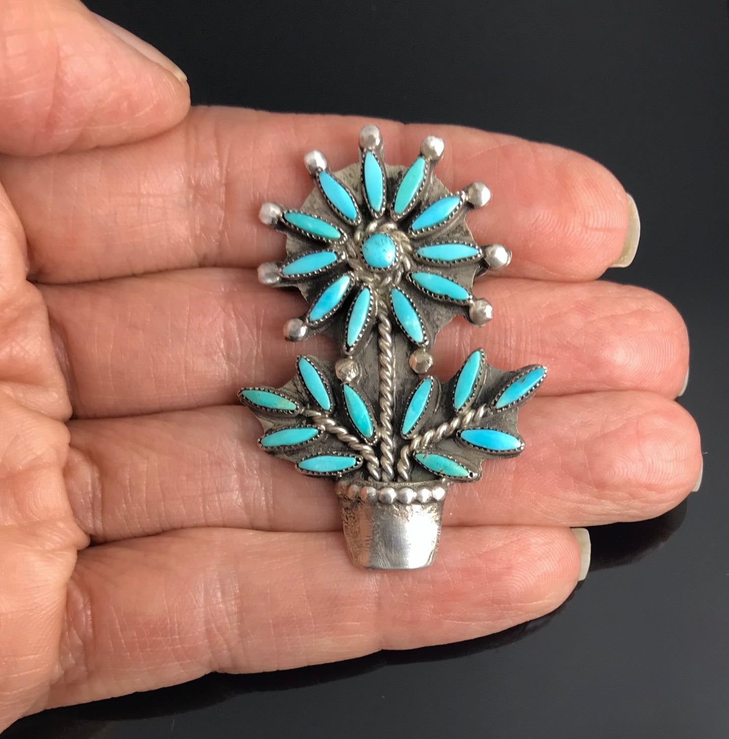 Zuni Turquoise Needlepoint Flower Pot Pin - Native American Vintage