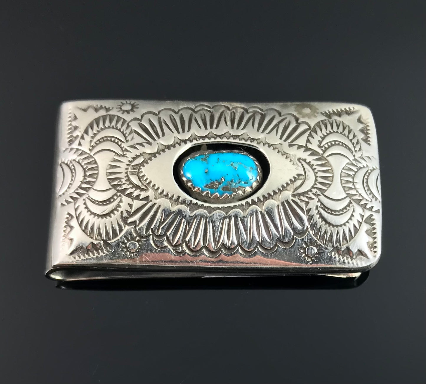 Beautifully Stamped Money Clip Turquoise Sterling Silver Native American Navajo - Shirley Skeets