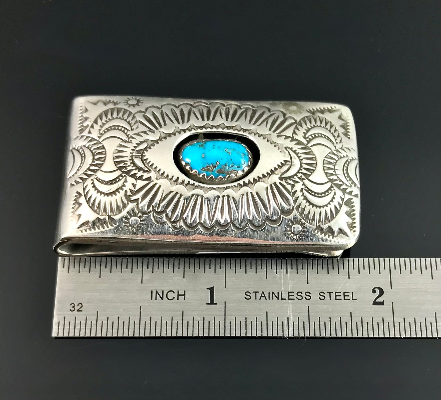 Beautifully Stamped Money Clip Turquoise Sterling Silver Native American Navajo - Shirley Skeets