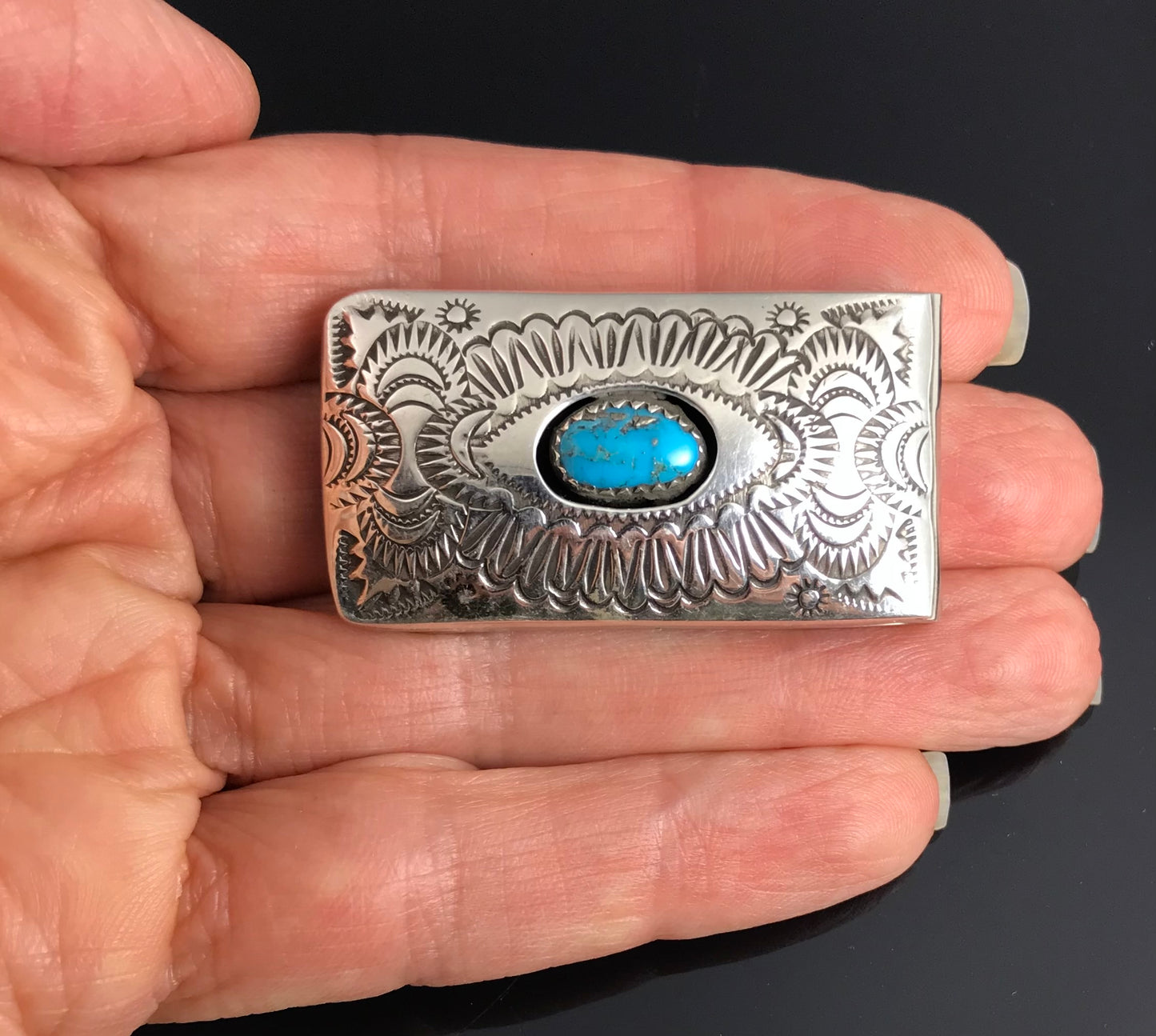 Beautifully Stamped Money Clip Turquoise Sterling Silver Native American Navajo - Shirley Skeets