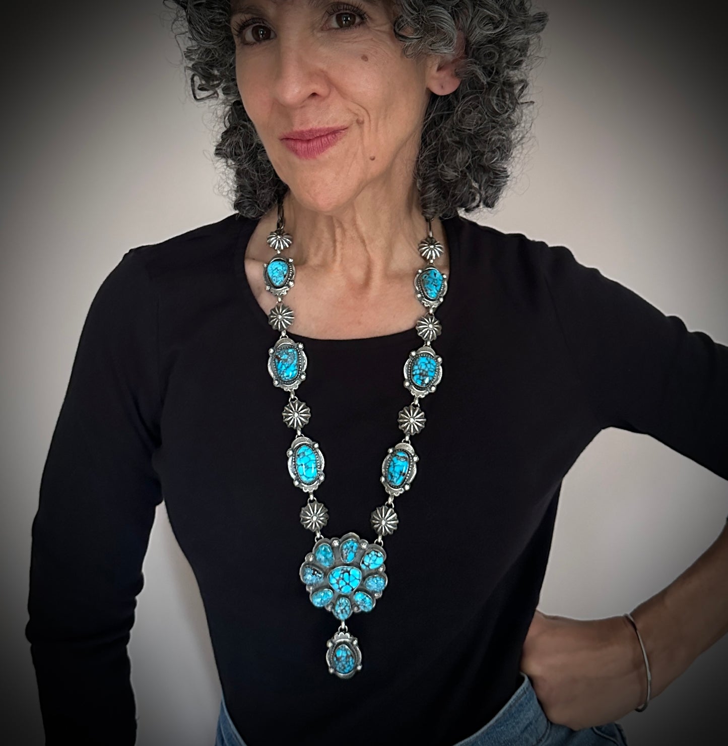 Egyptian Prince Mine Turquoise Cluster Lariat Squash Blossom Necklace - Harley Reed
