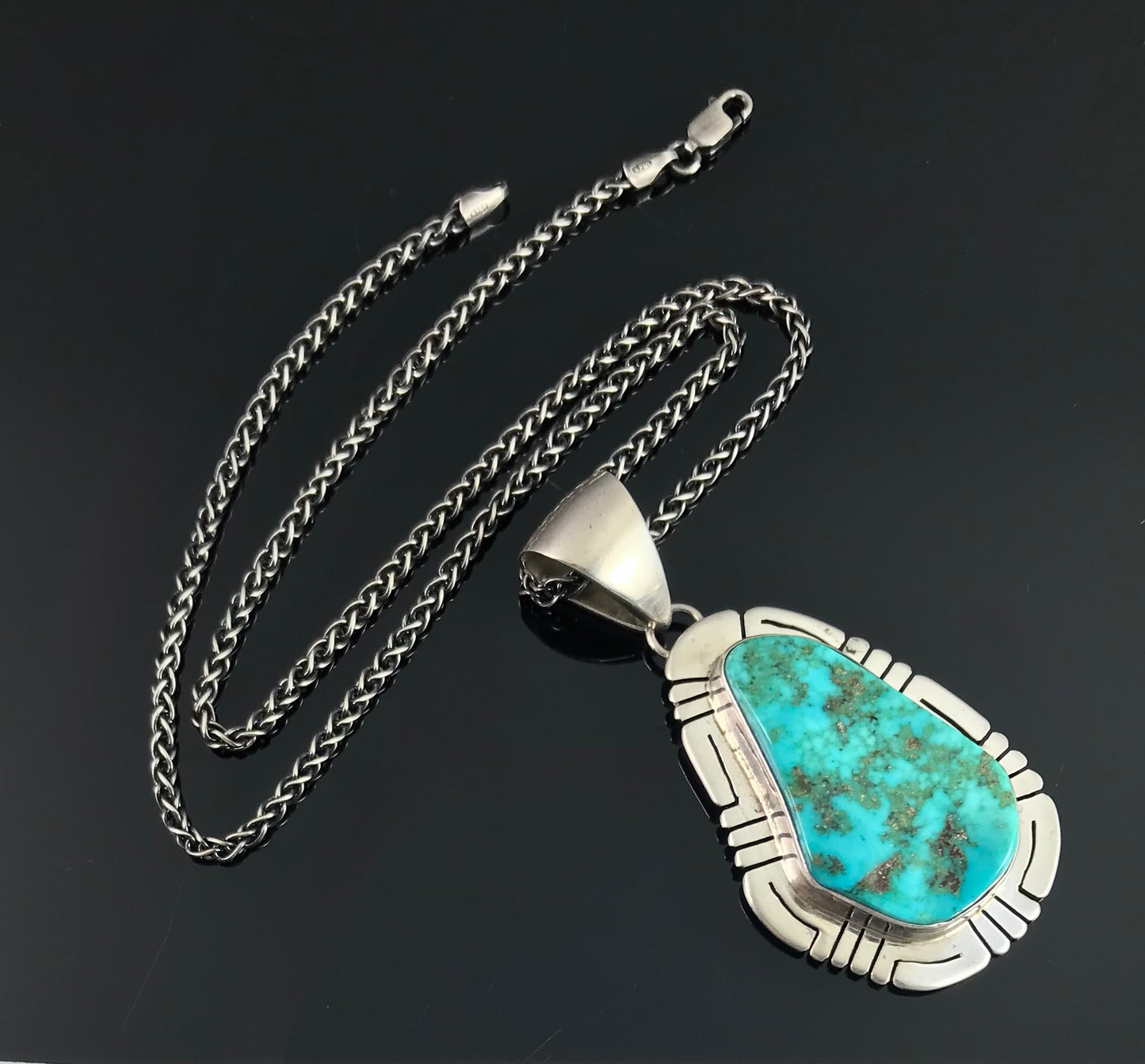 Contemporary Turquoise Sterling Navajo Necklace Pendant - Native American Vintage