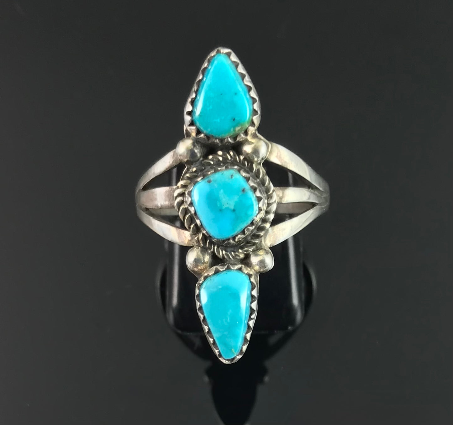 3 Gorgeous Turquoise Native American Navajo Ring Size 8 1/2 Signed: LaRose Ganado Negro