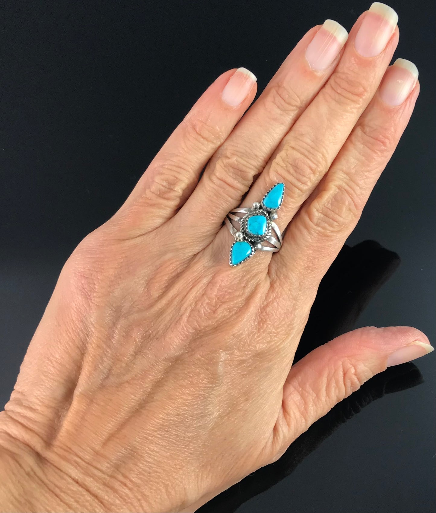 3 Gorgeous Turquoise Native American Navajo Ring Size 8 1/2 Signed: LaRose Ganado Negro