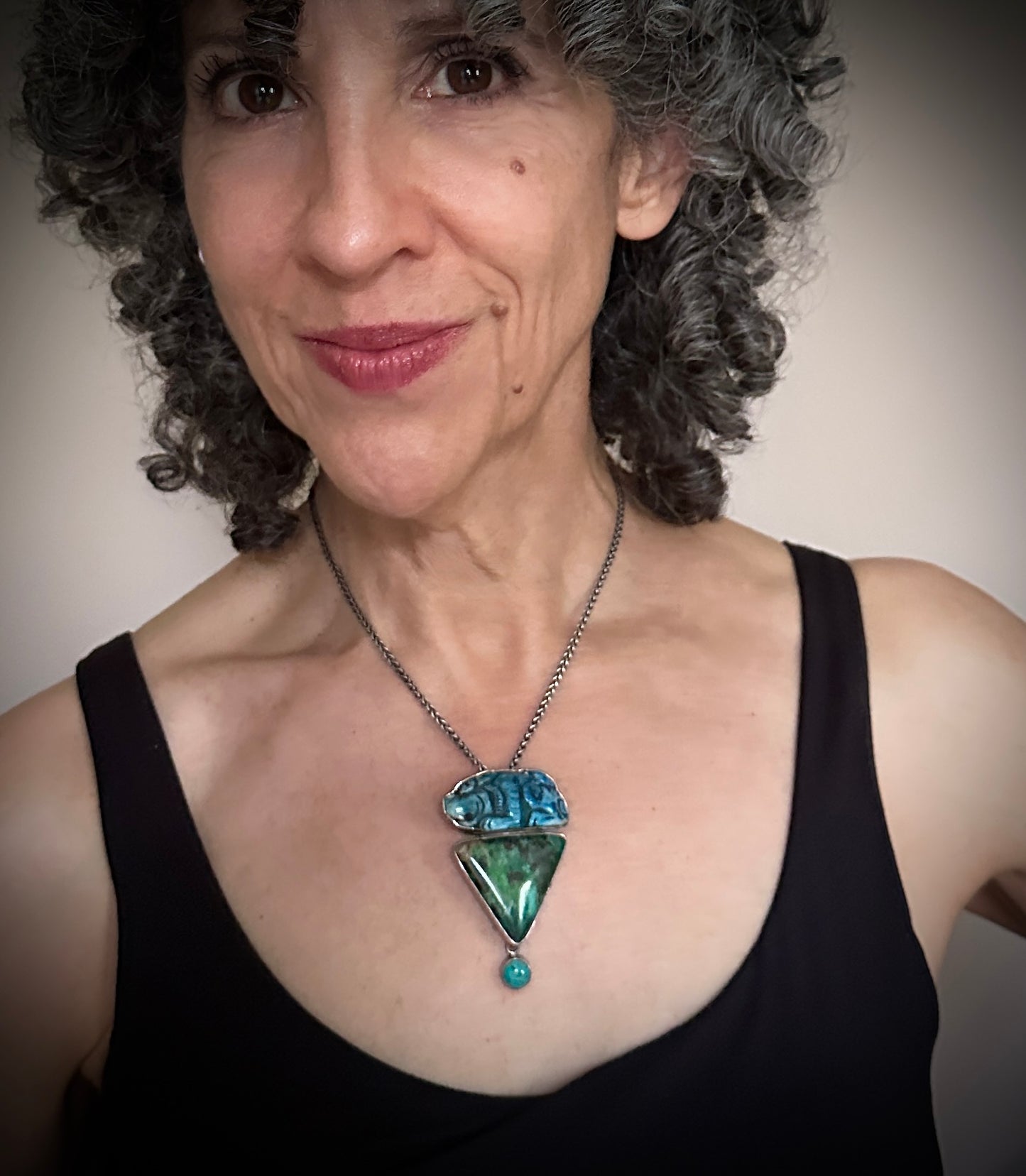 Amy Kahn Russel Carved Bone, Parrot-wing Chrysocolla, and Turquoise Pin Pendant
