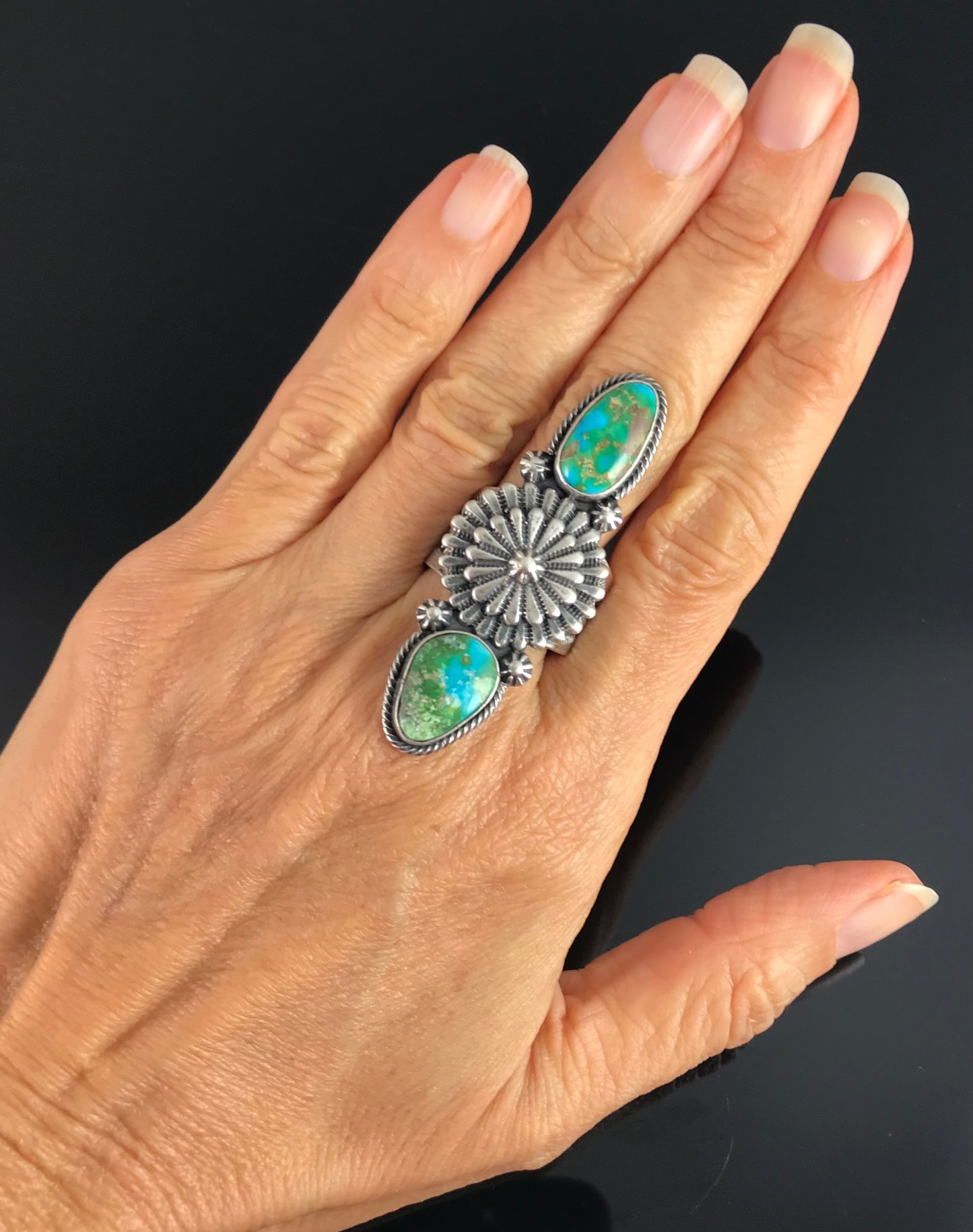 Sonoran Gold Turquoise Navajo Ring Size 10 1/2+ - Native American Samuel Yellowhair