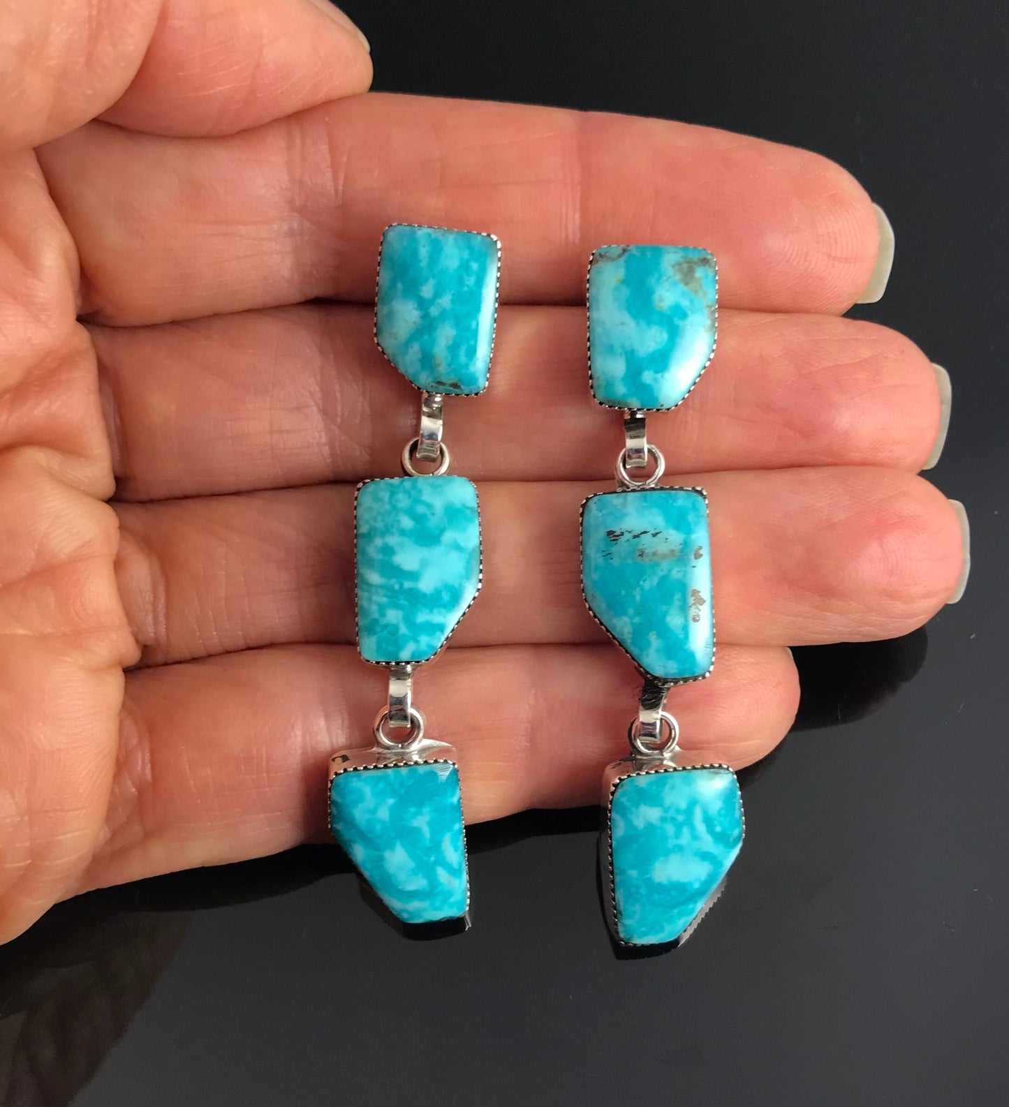 Triple Kingman Turquoise Navajo Native American Earrings - Gregg Yazzie