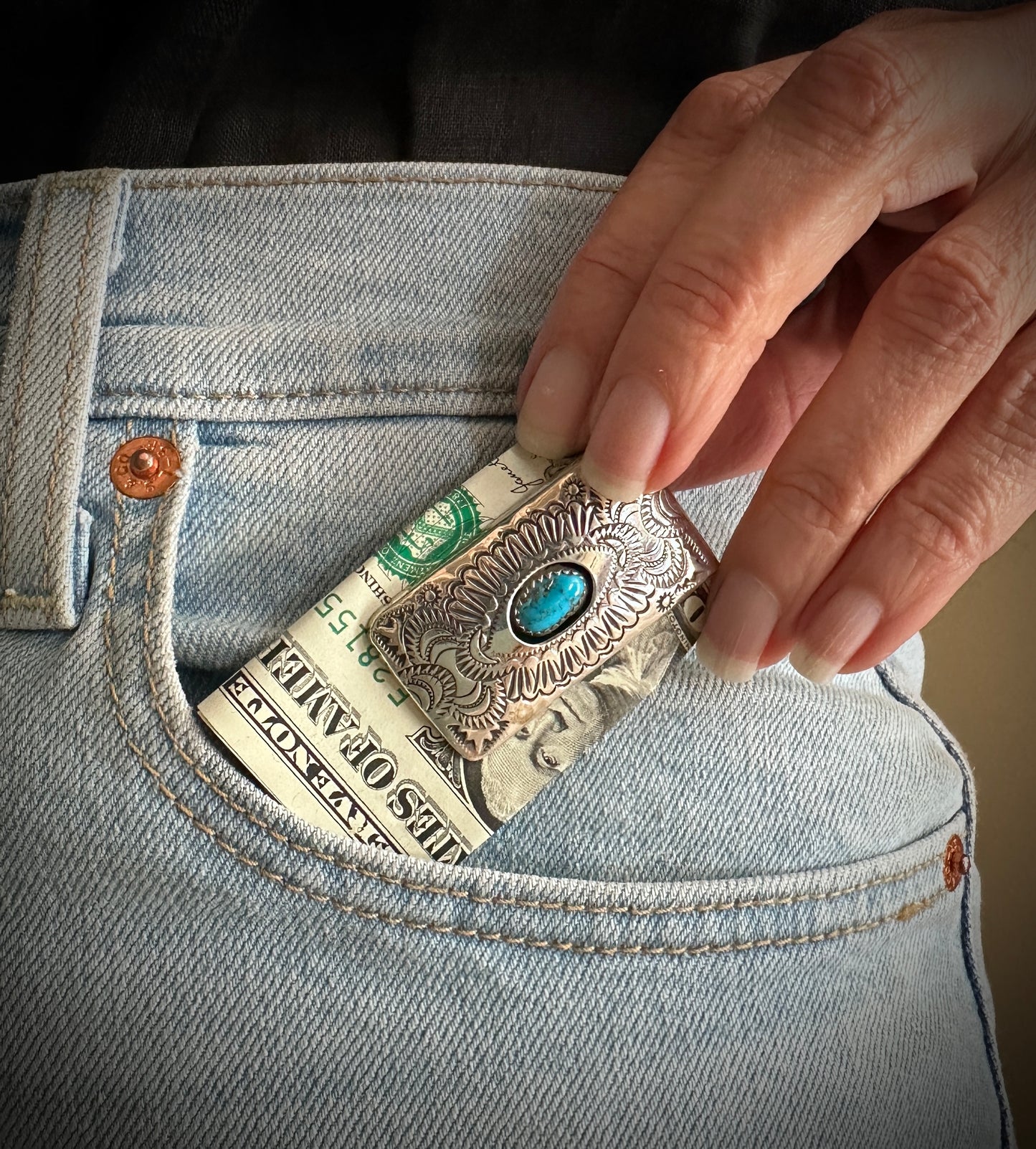 Beautifully Stamped Money Clip Turquoise Sterling Silver Native American Navajo - Shirley Skeets