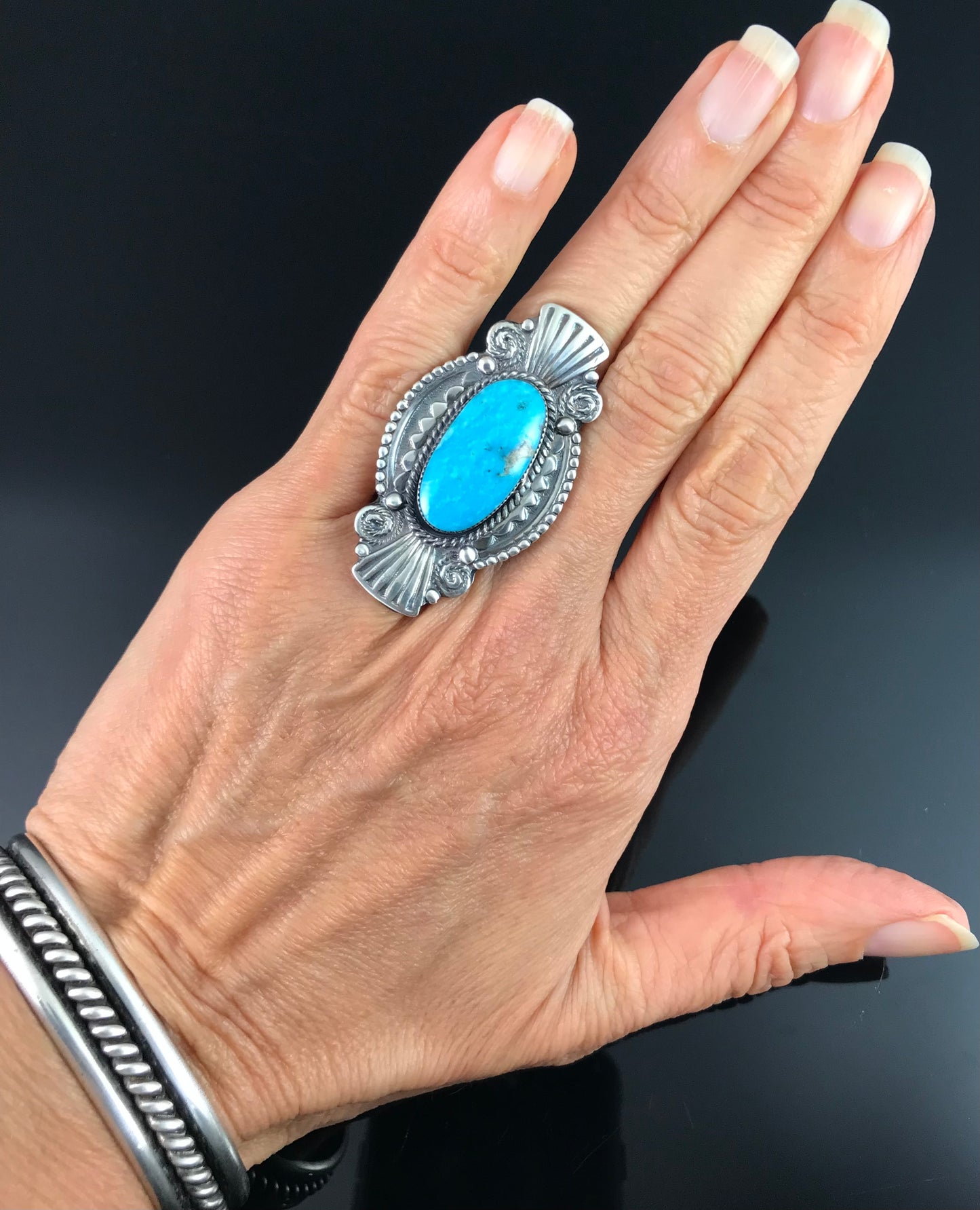 Large Turquoise Native American Navajo Ring Size 6 - Jim Ben