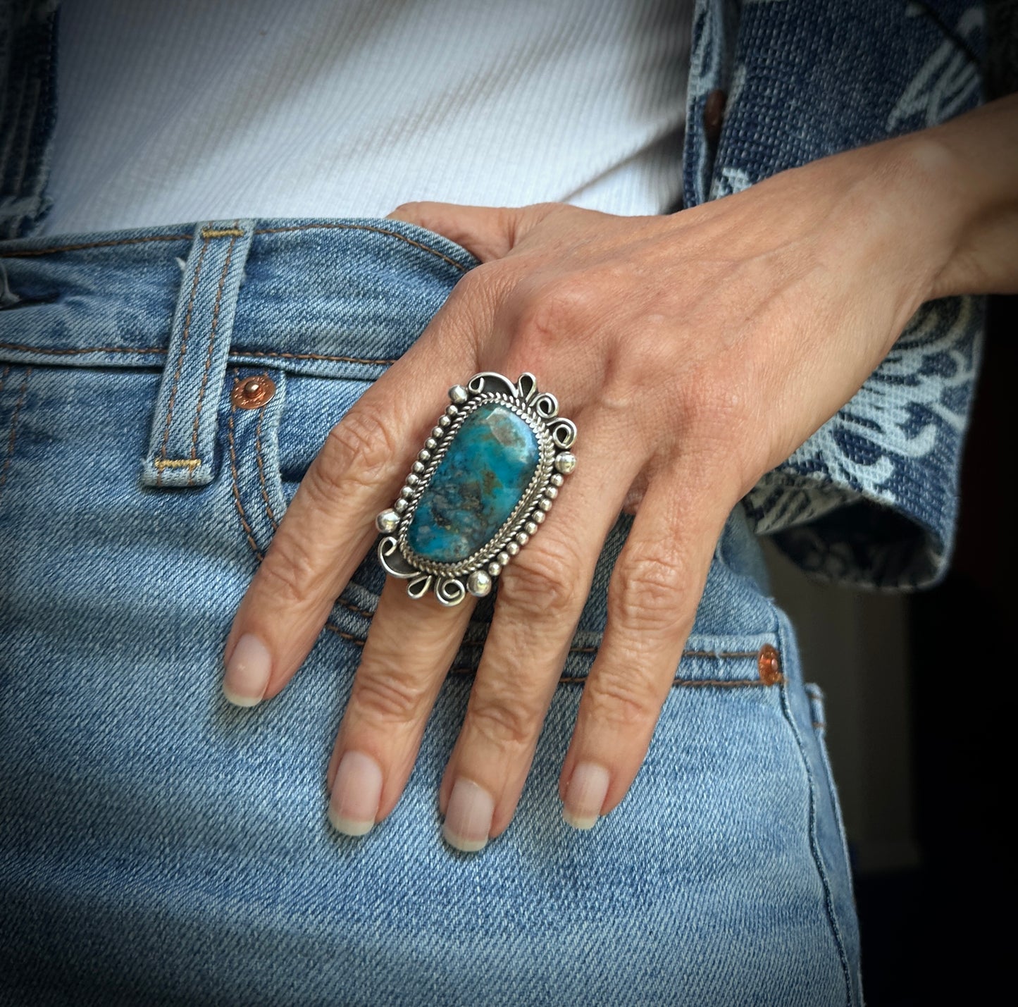 Turquoise Native American Navajo Ring Size 10 1/4 - Leslie Nez
