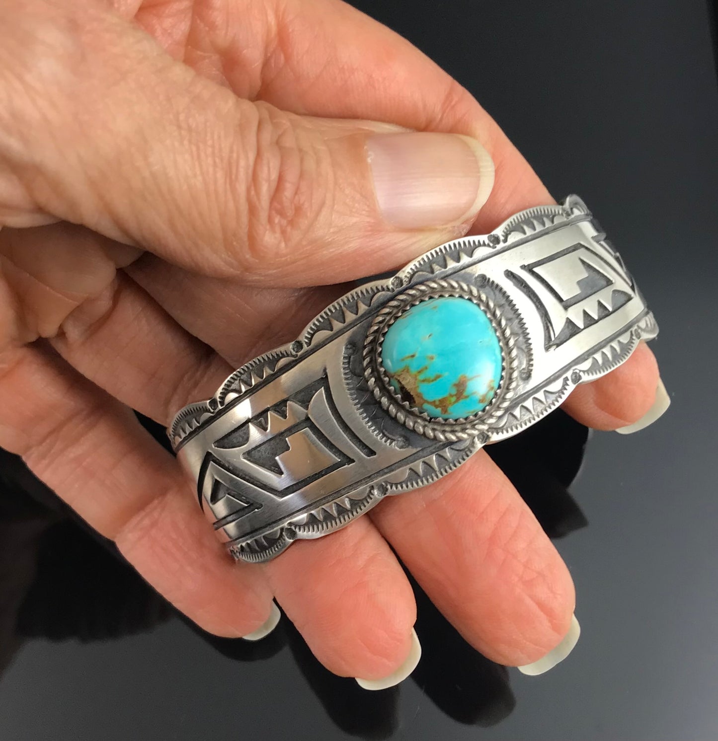 Large Turquoise Navajo Overlay Cuff Bracelet Native American - Leonard Jim Sondra