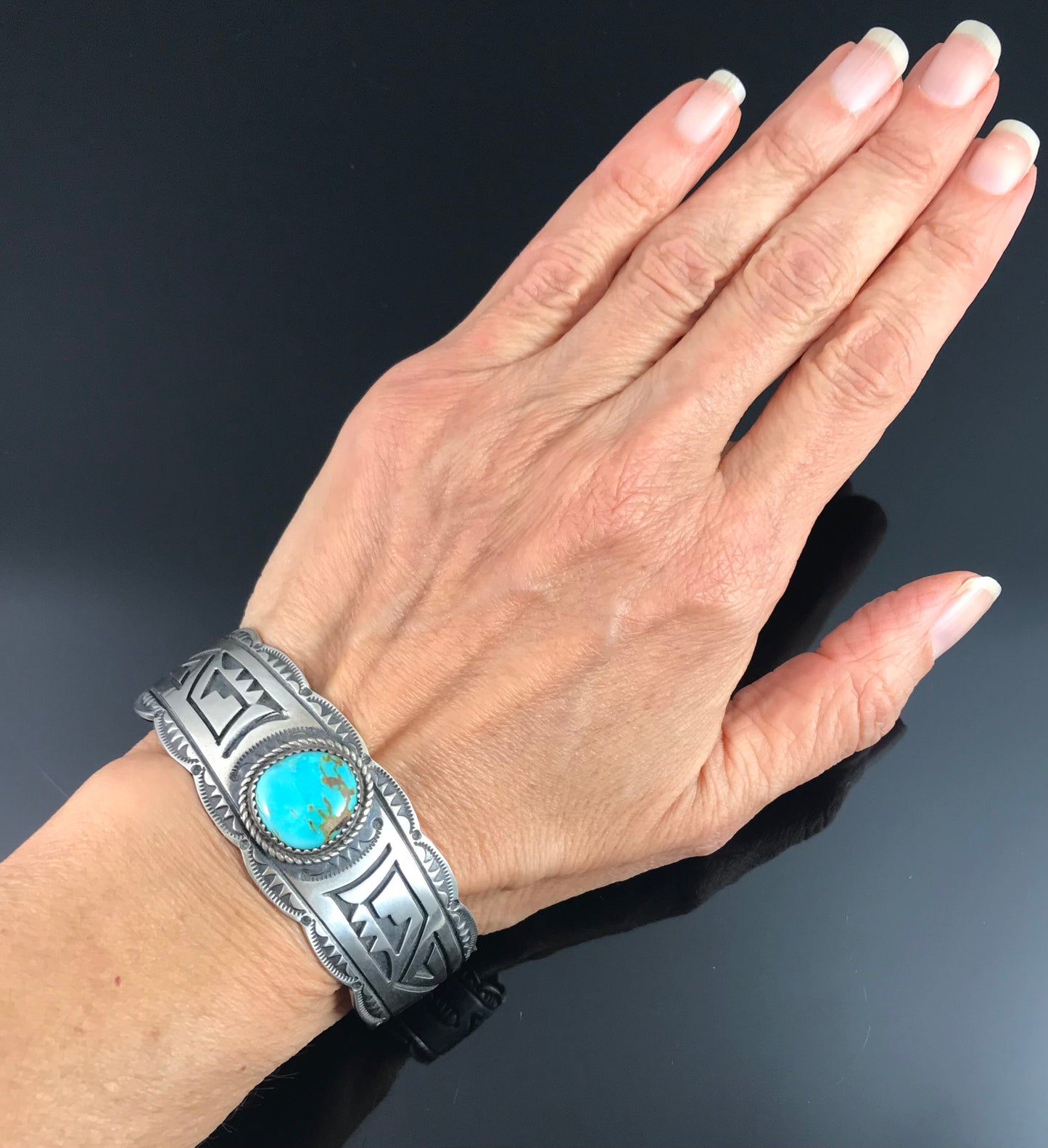 Large Turquoise Navajo Overlay Cuff Bracelet Native American - Leonard Jim Sondra