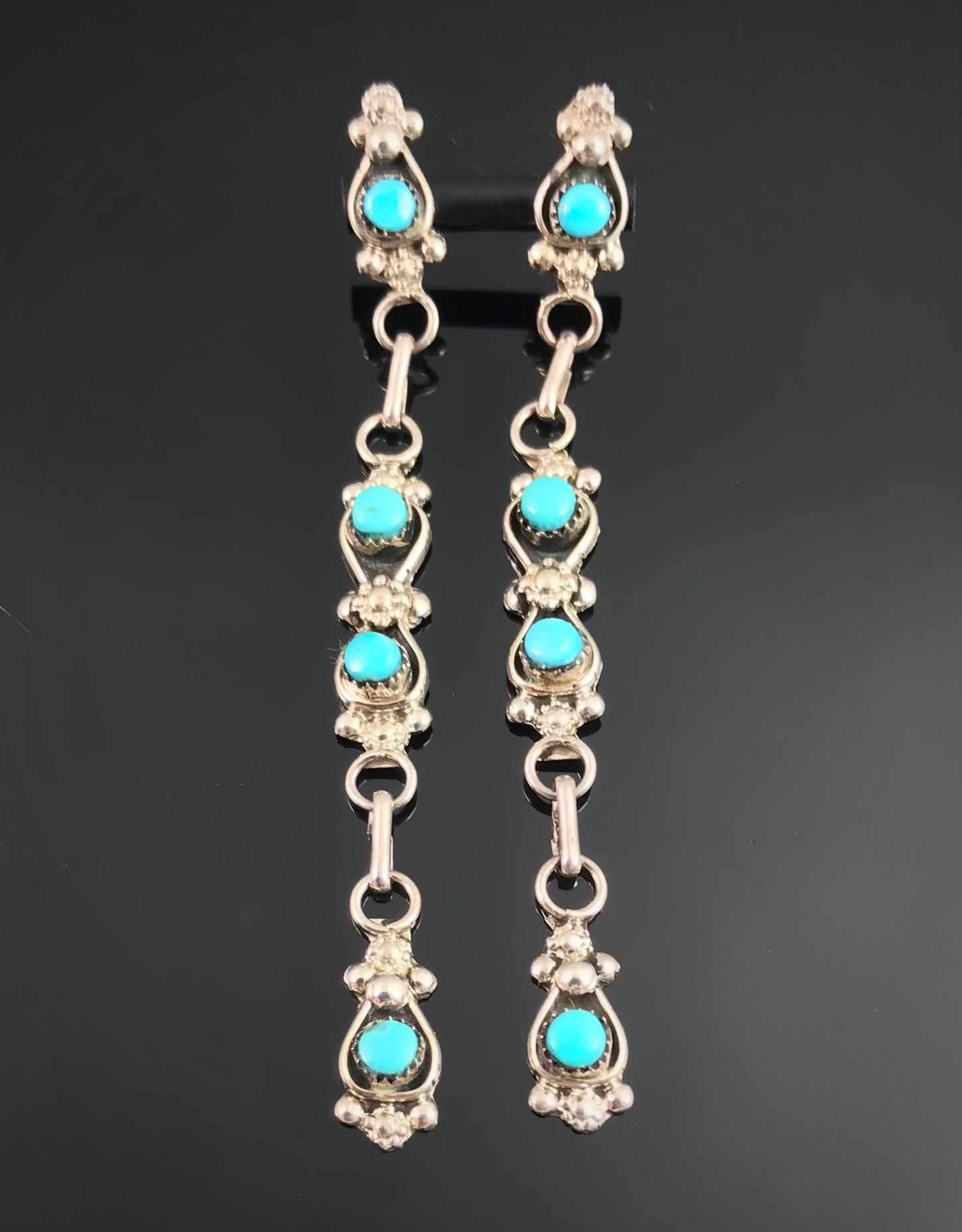 LONG Zuni Petit Point Turquoise Native American Earrings - Velda Cachini