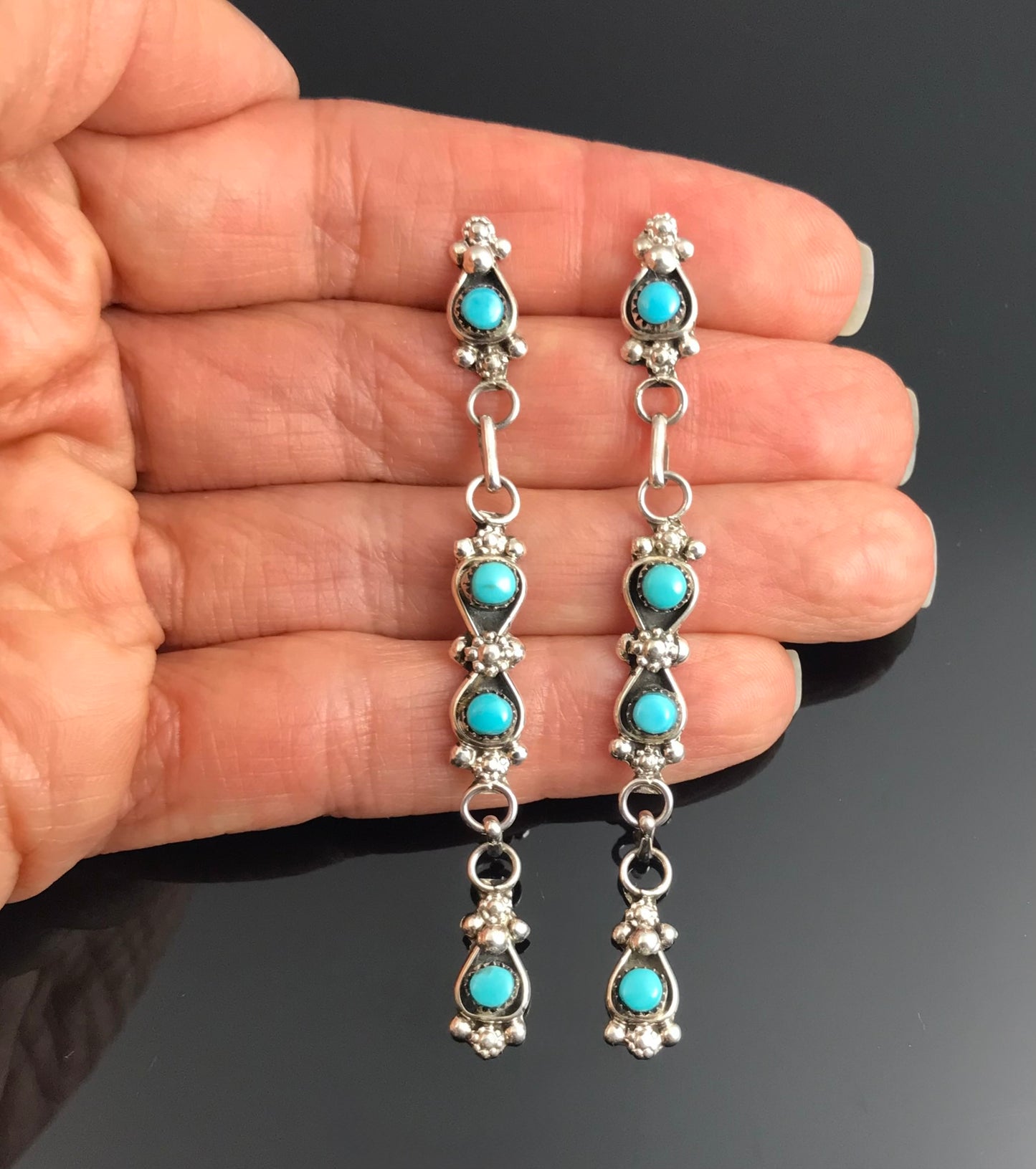 LONG Zuni Petit Point Turquoise Native American Earrings - Velda Cachini