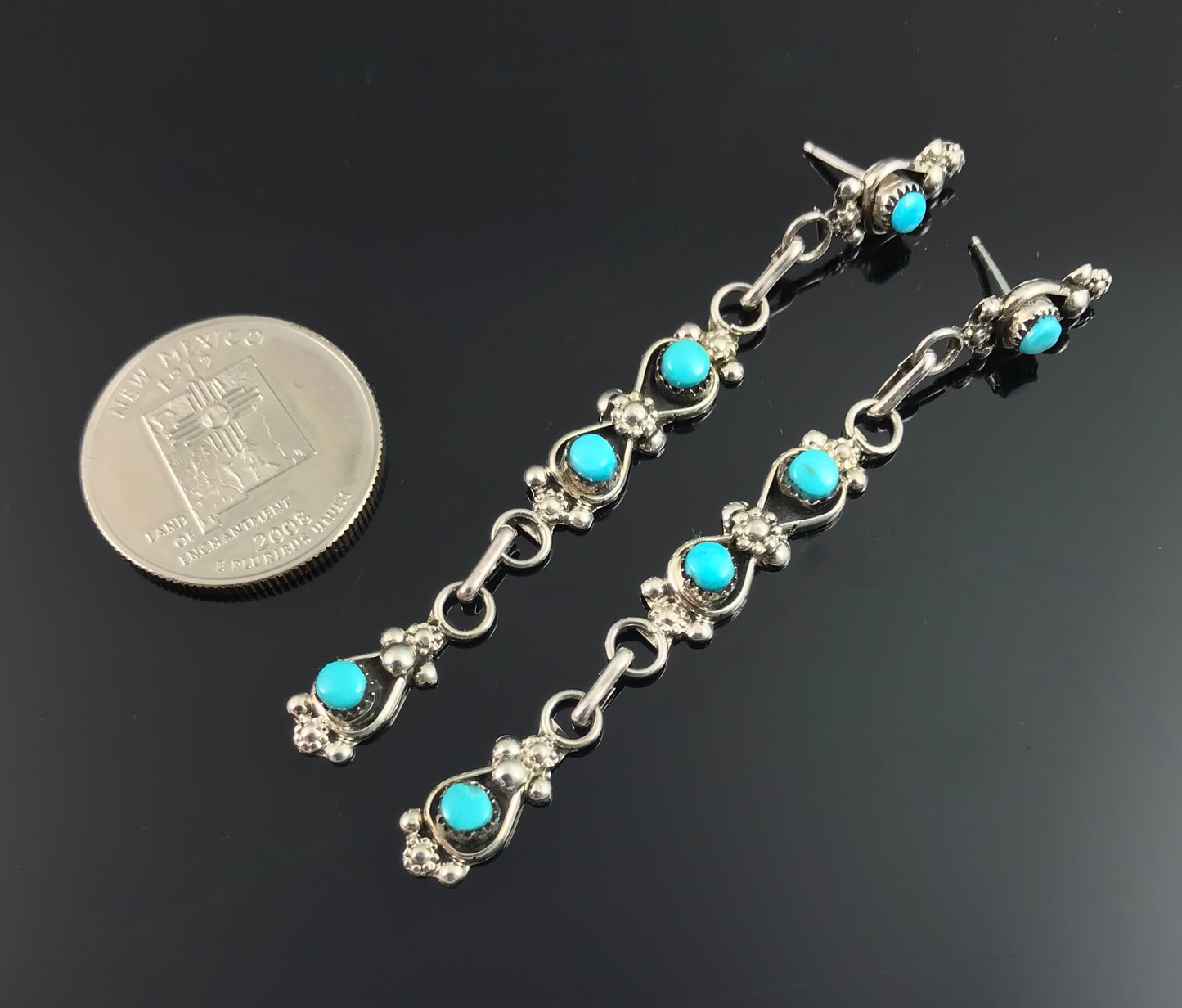 LONG Zuni Petit Point Turquoise Native American Earrings - Velda Cachini