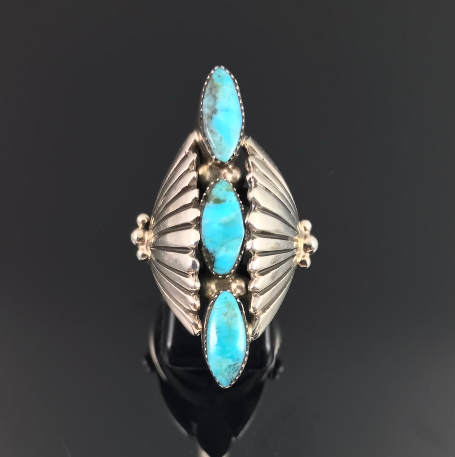 Navajo Native American Kingman Turquoise Sterling Silver Ring Size 7 1/2 - Clarence Long