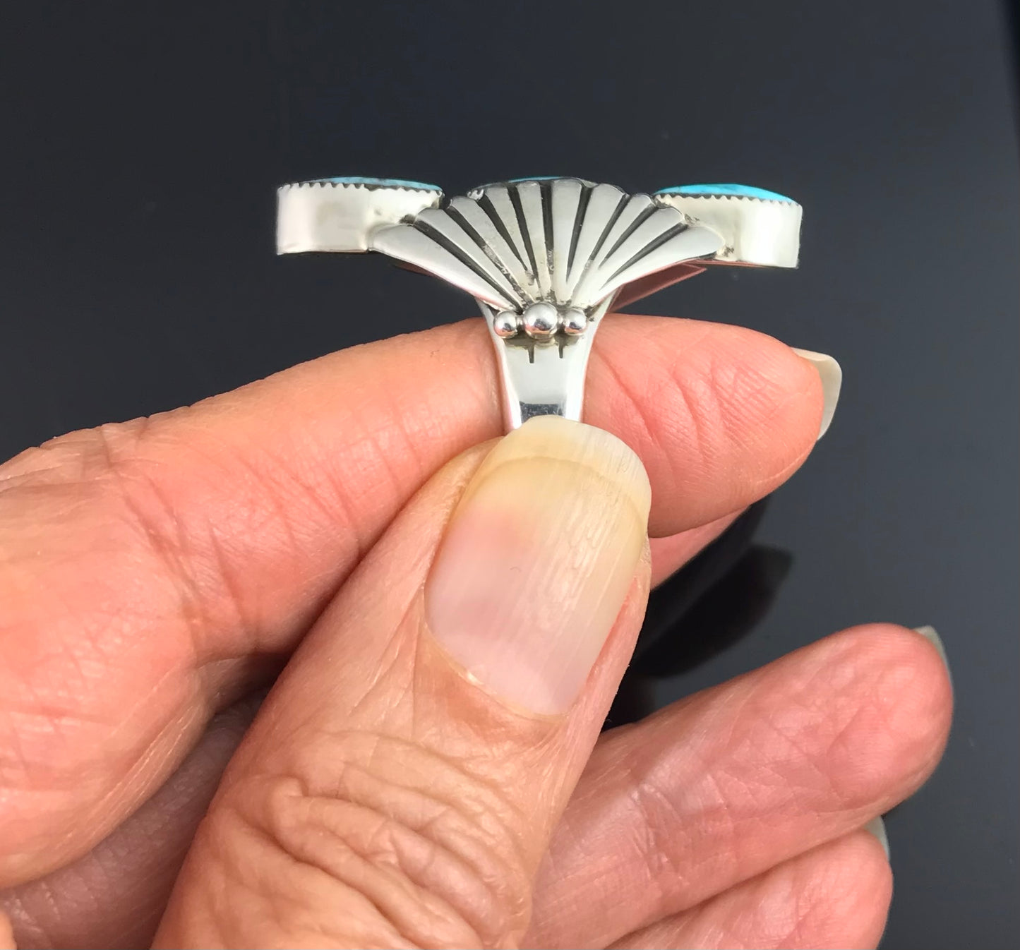 Navajo Native American Kingman Turquoise Sterling Silver Ring Size 7 1/2 - Clarence Long