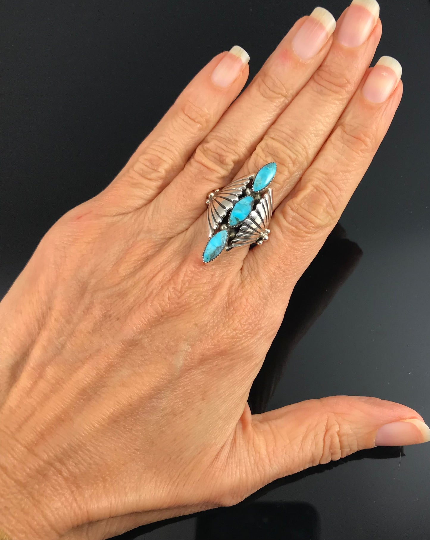 Navajo Native American Kingman Turquoise Sterling Silver Ring Size 7 1/2 - Clarence Long