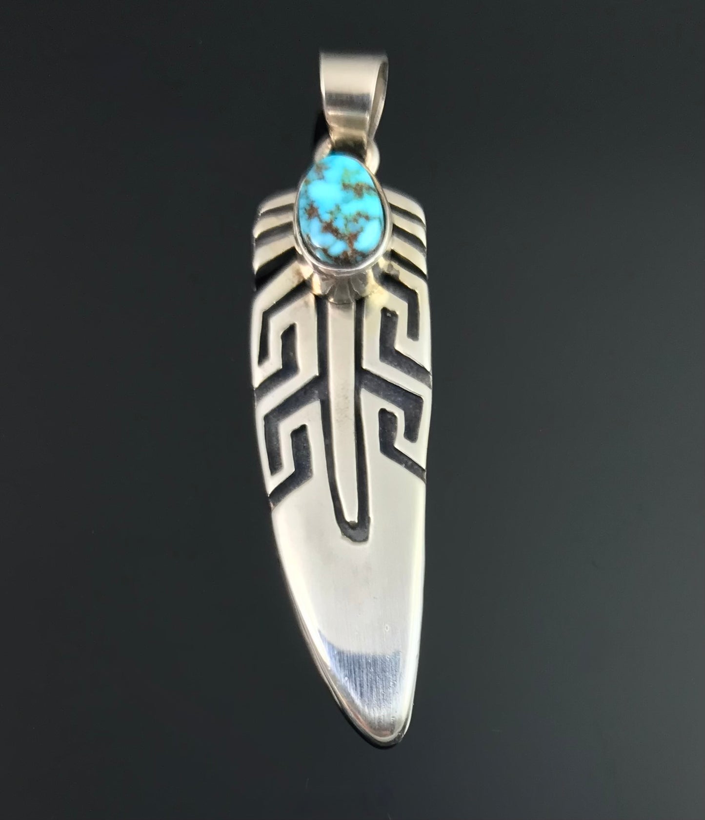 Spider Web Kingman Turquoise Feather Overlay Pendant Navajo Native American - Shirley Henry