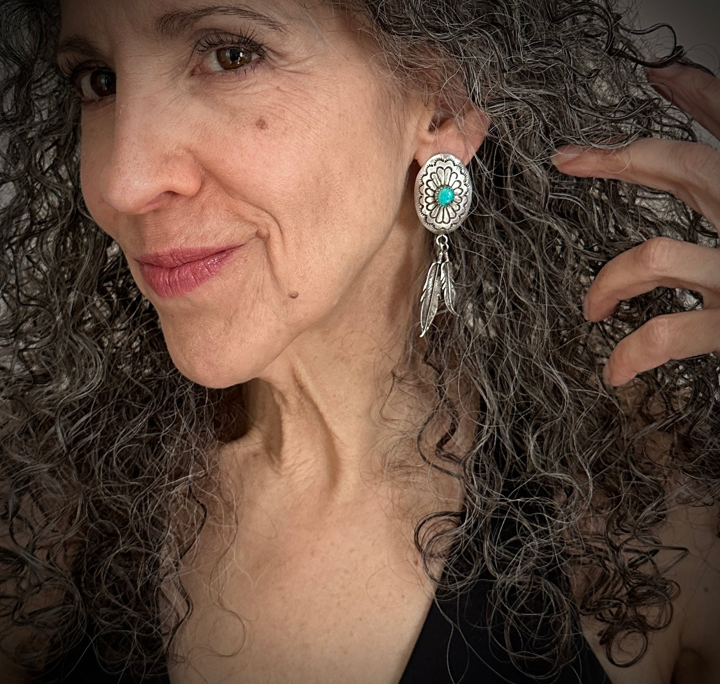 Turquoise Concho and Feather Earrings Native American Navajo - Vintage