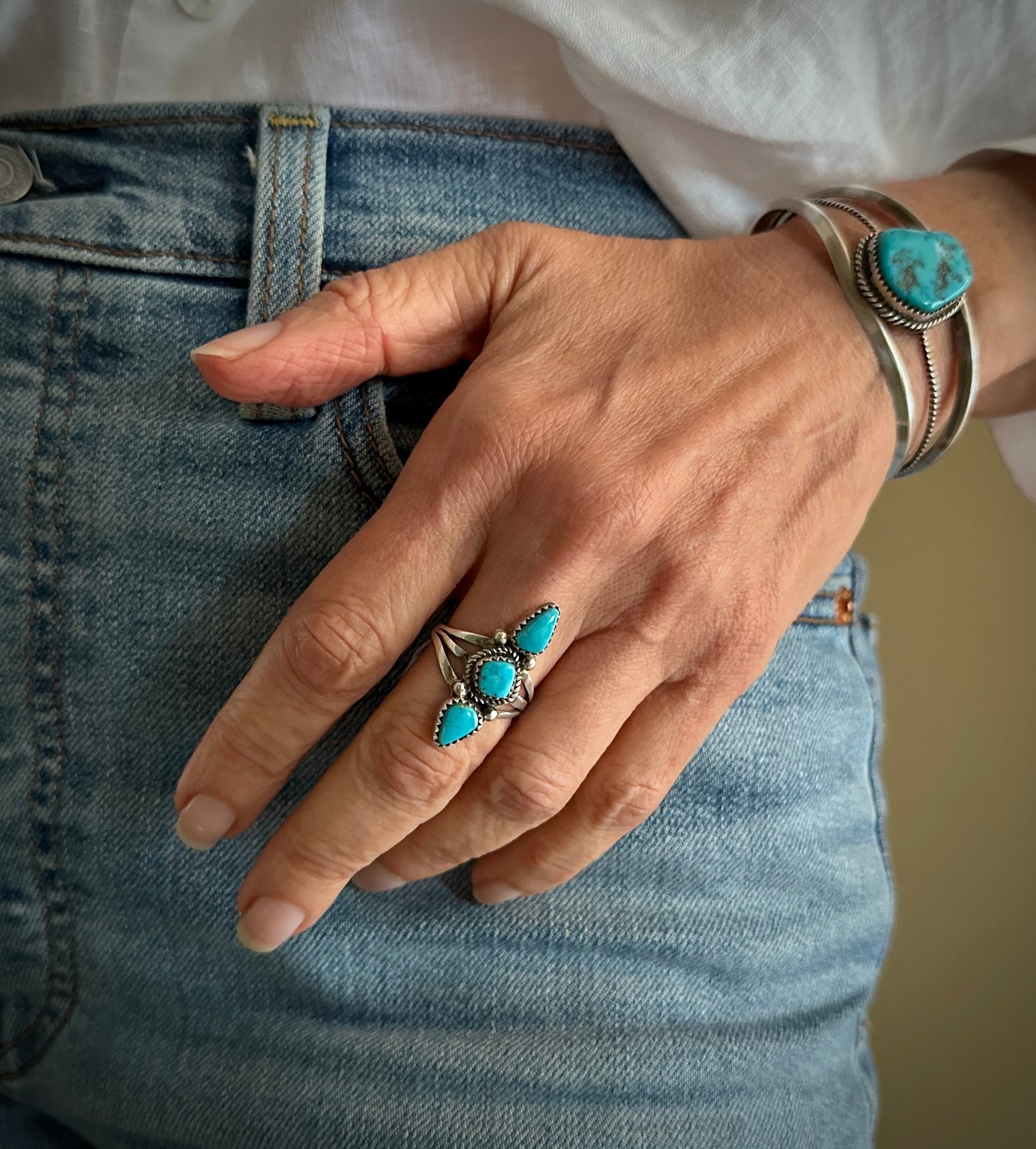 3 Gorgeous Turquoise Native American Navajo Ring Size 8 1/2 Signed: LaRose Ganado Negro