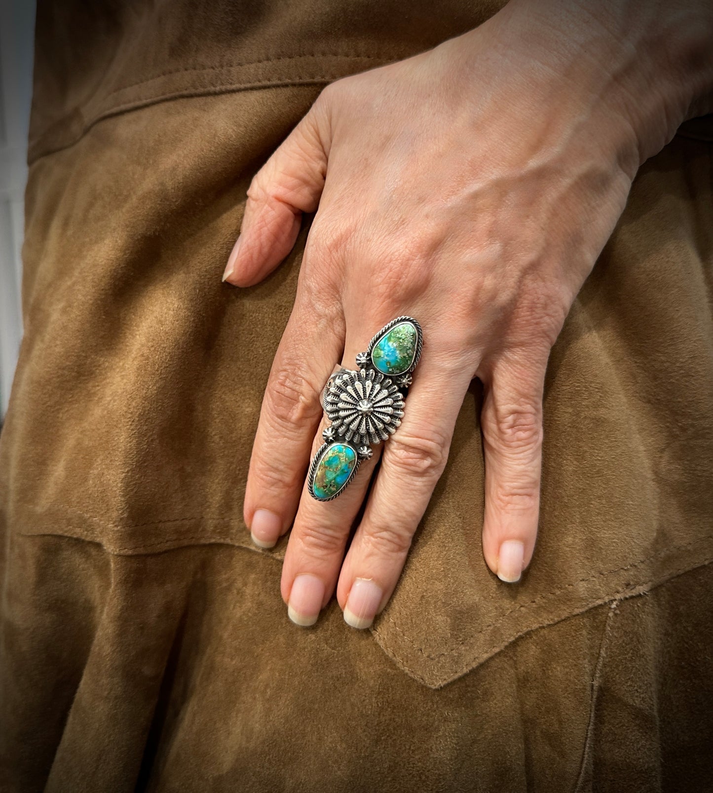 Sonoran Gold Turquoise Navajo Ring Size 10 1/2+ - Native American Samuel Yellowhair